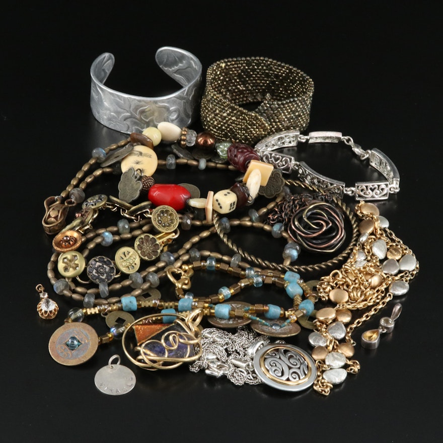 Assorted Jewelry Including Chinese Cash Coins, Coral, Bone and Labradorite
