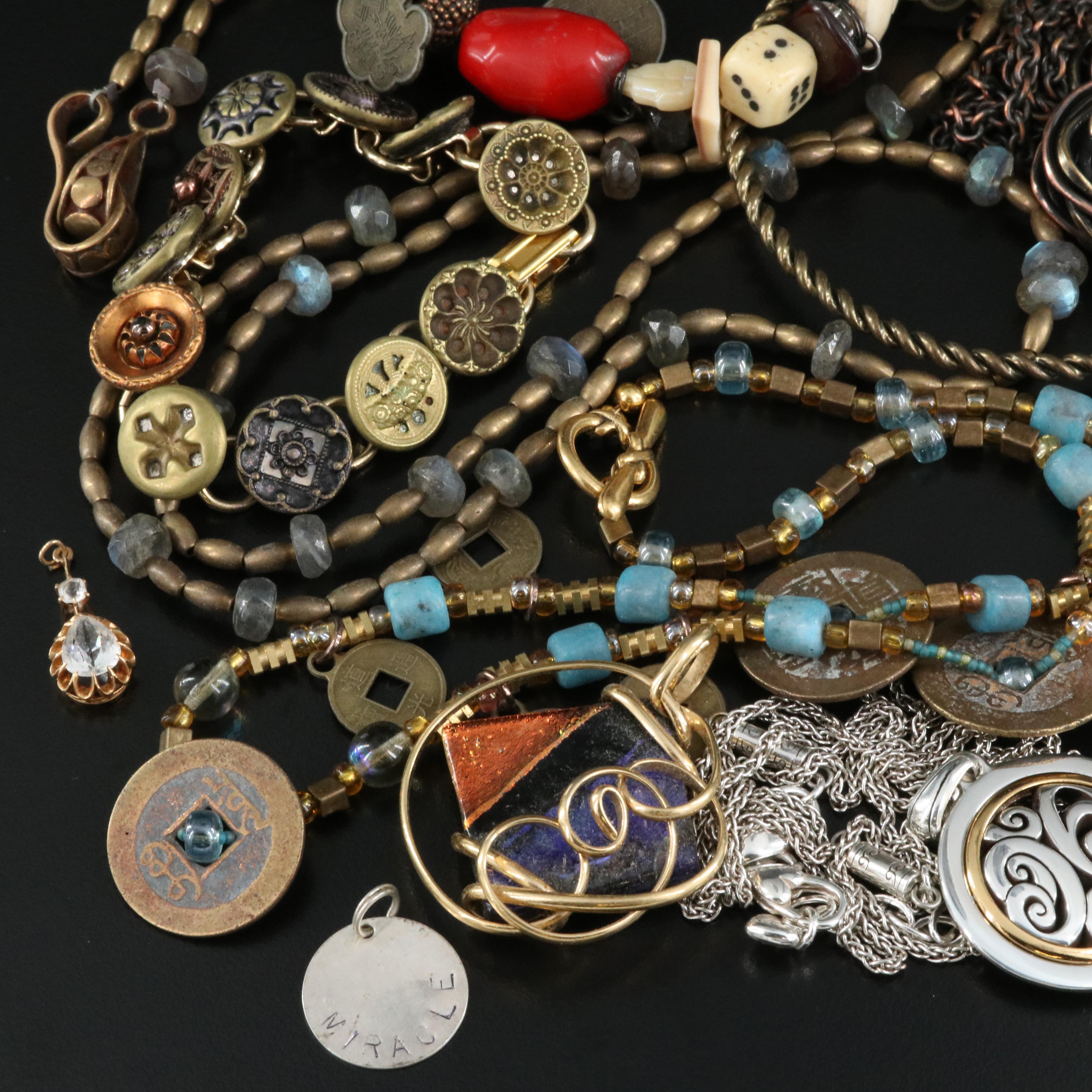 Assorted Jewelry Including Chinese Cash Coins, Coral, Bone and Labradorite