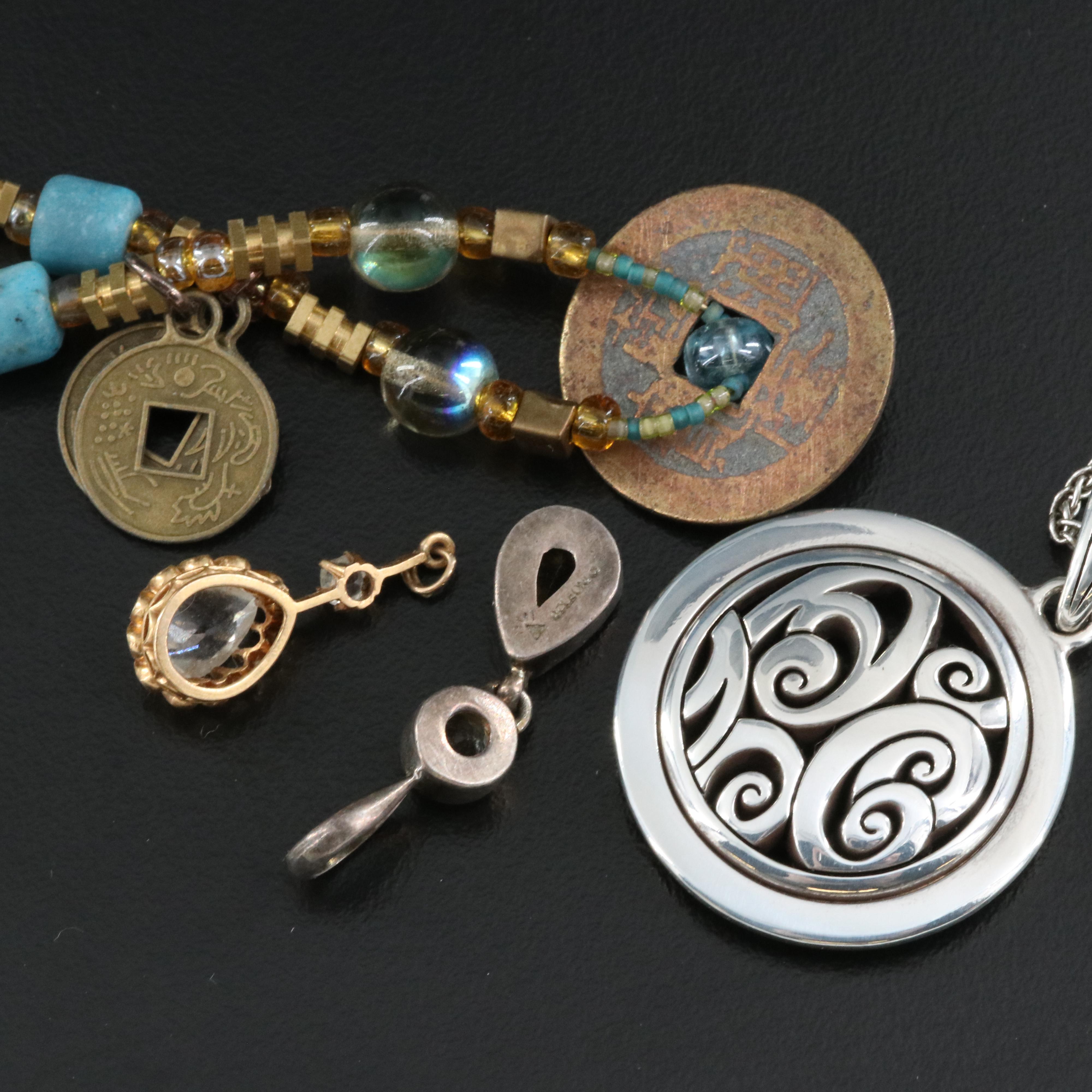 Assorted Jewelry Including Chinese Cash Coins, Coral, Bone and Labradorite