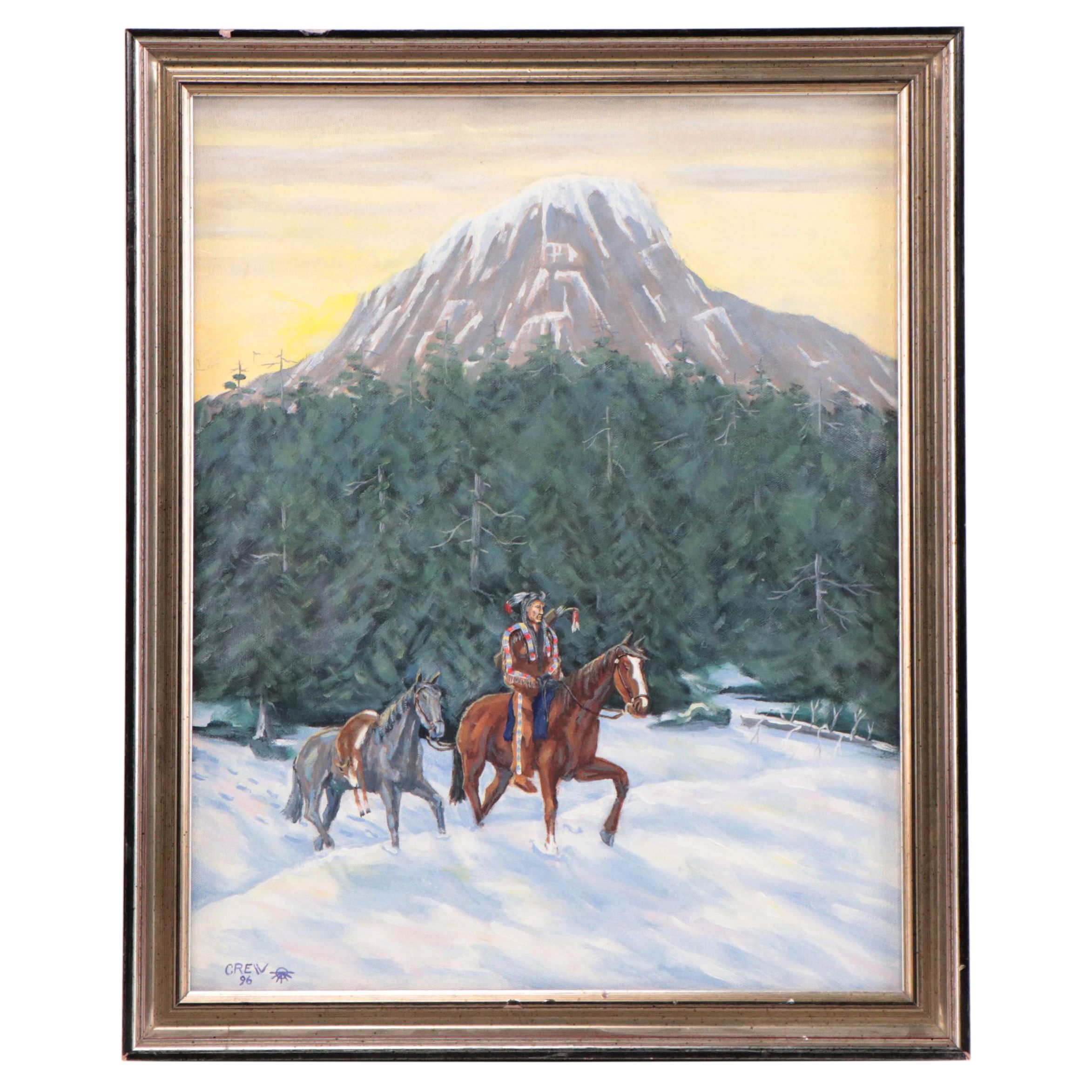Samson I. Crew Oil Painting of Native American Figure On Horseback, 1996