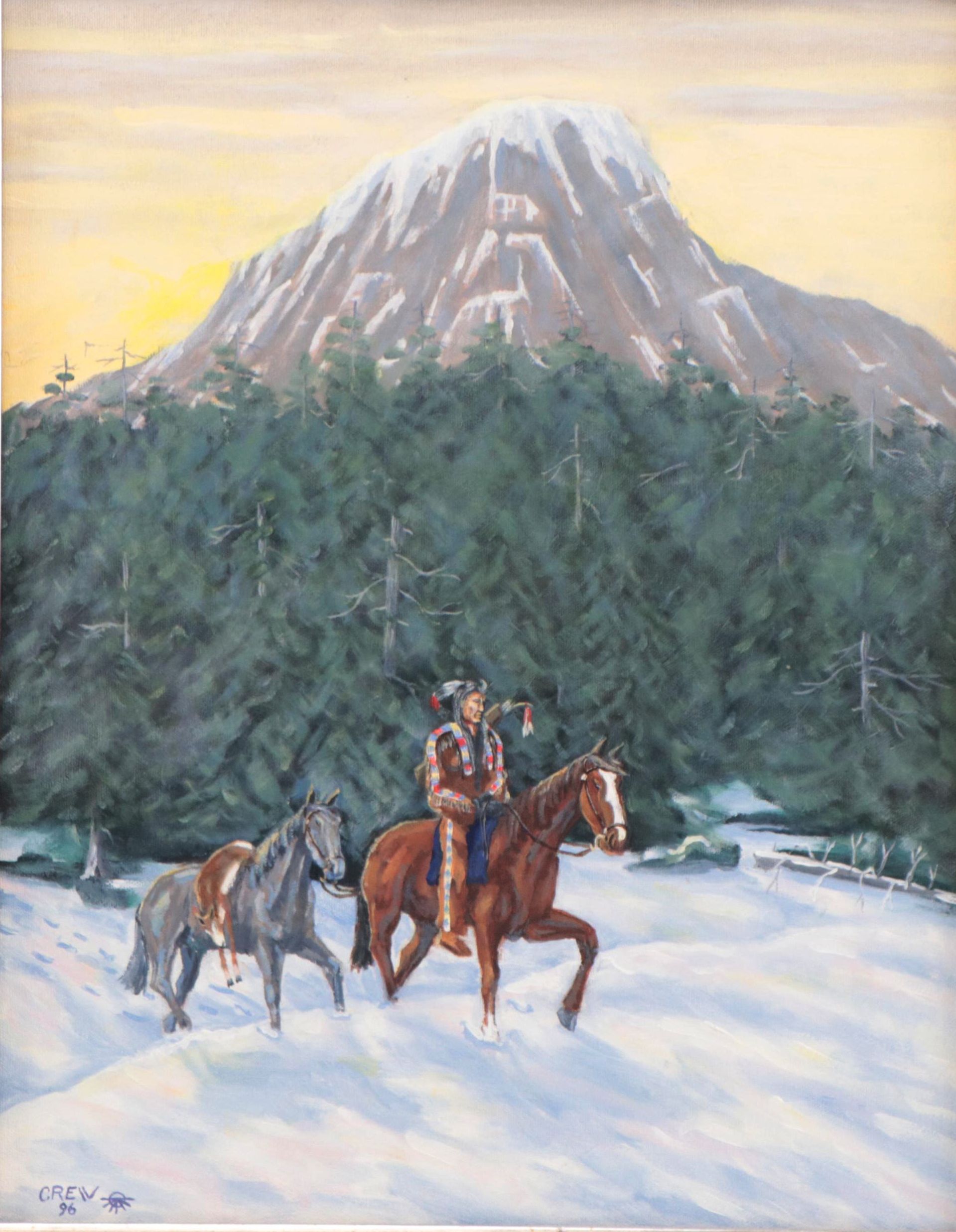 Samson I. Crew Oil Painting of Native American Figure On Horseback, 1996