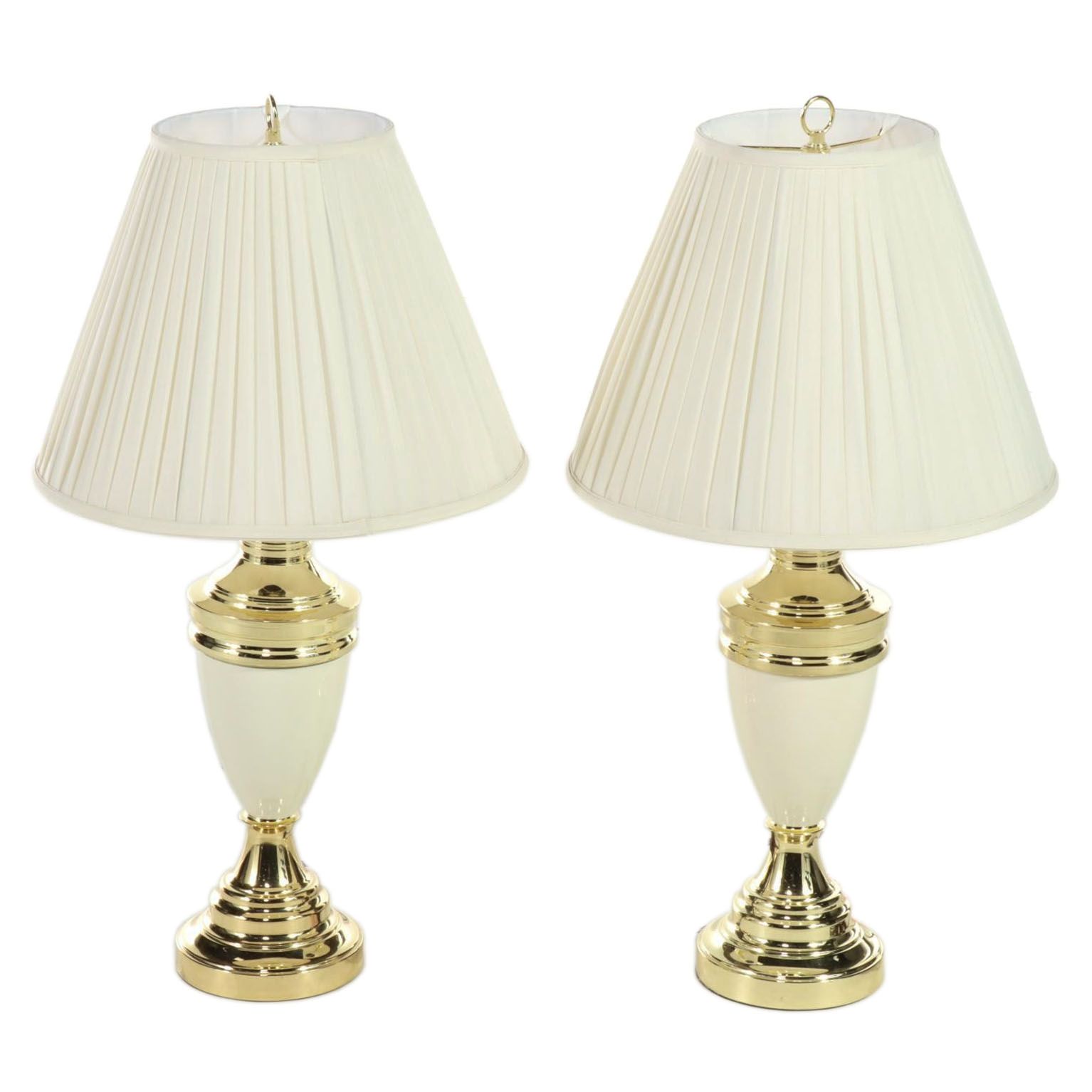 Pair of Ivory Enamel and Brass Colored Table Lamps, Late 20th Century