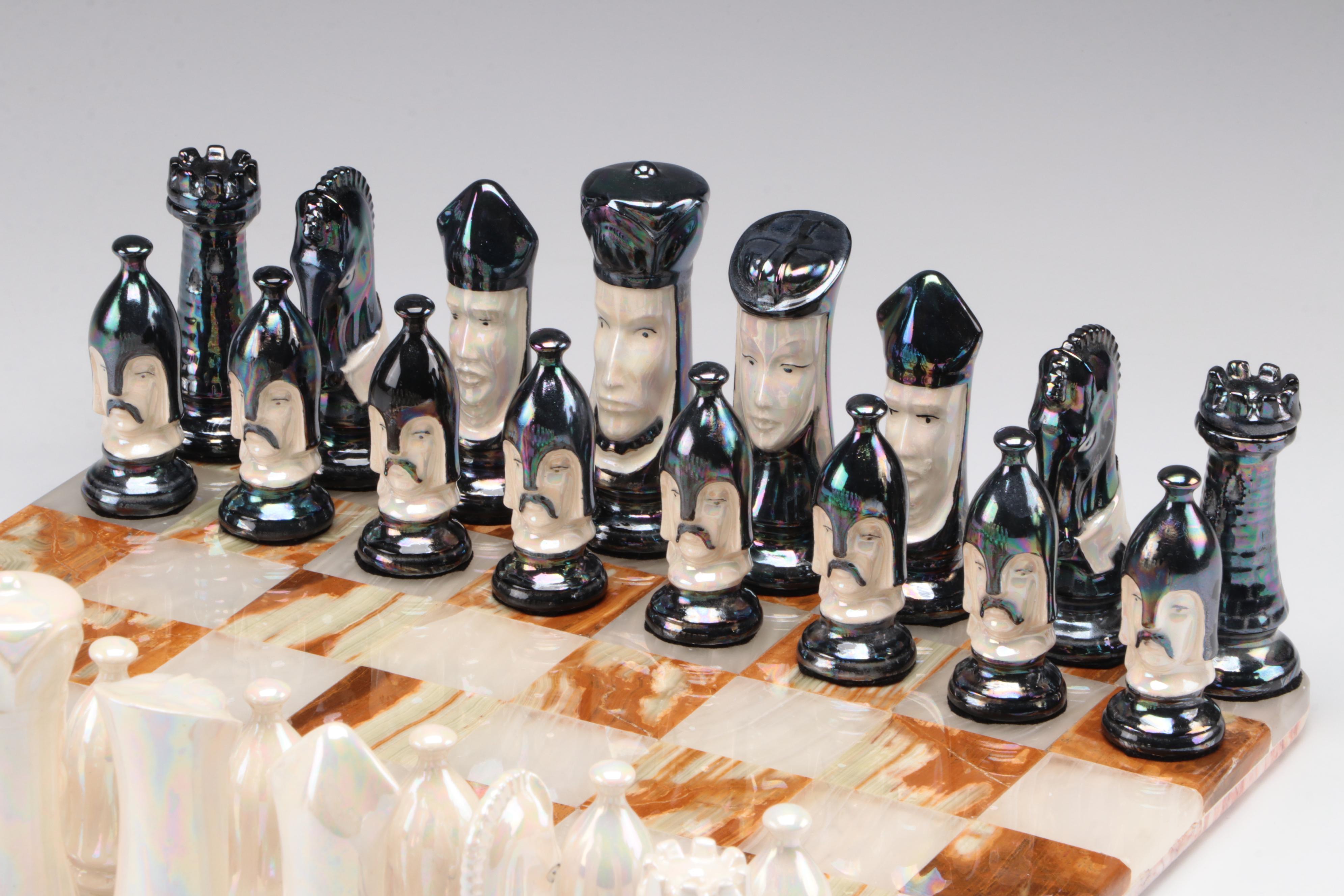 Mexican Onyx Chess Board with Duncan Mold Iridescent Ceramic Pieces