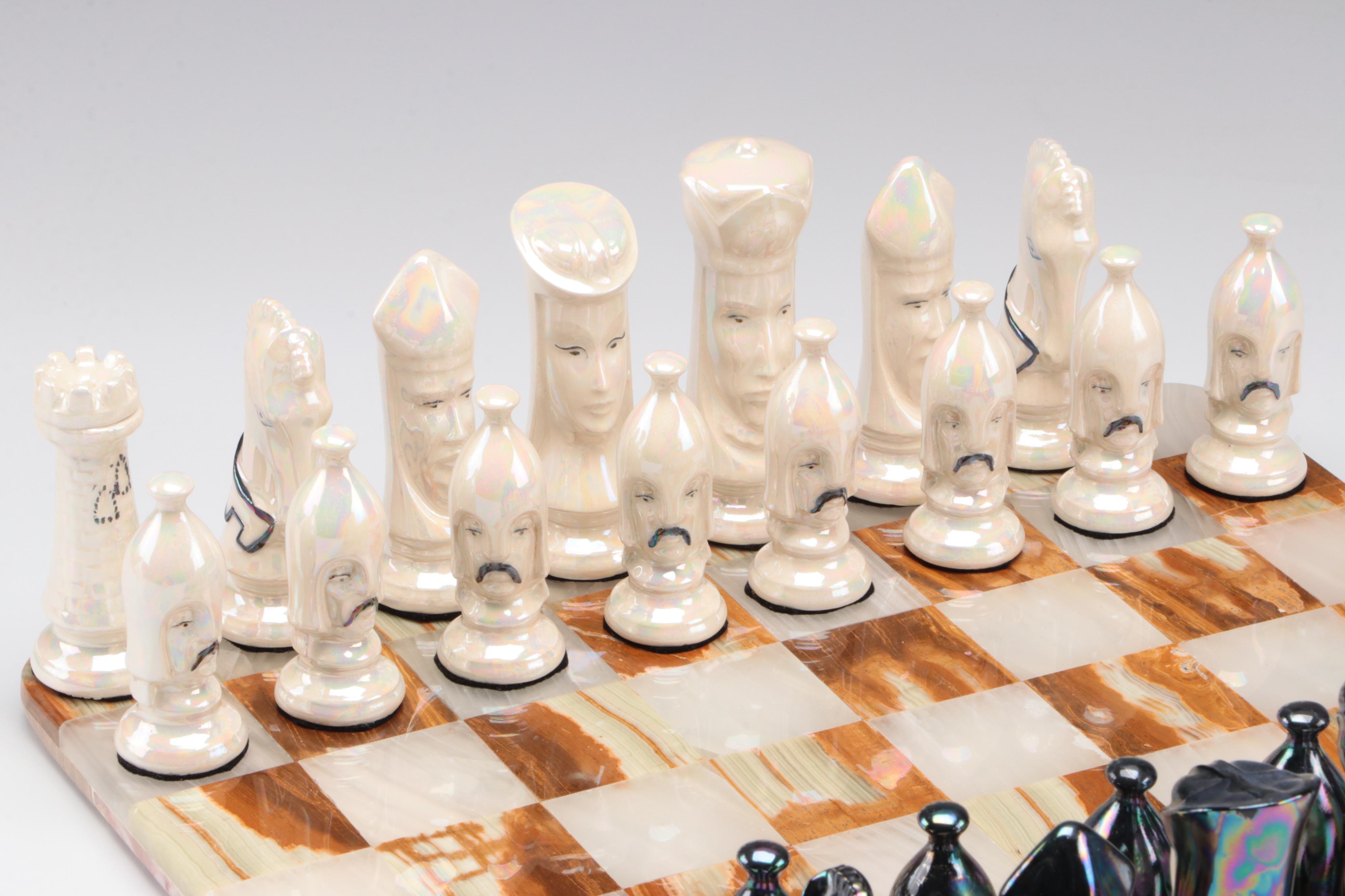 Mexican Onyx Chess Board with Duncan Mold Iridescent Ceramic Pieces