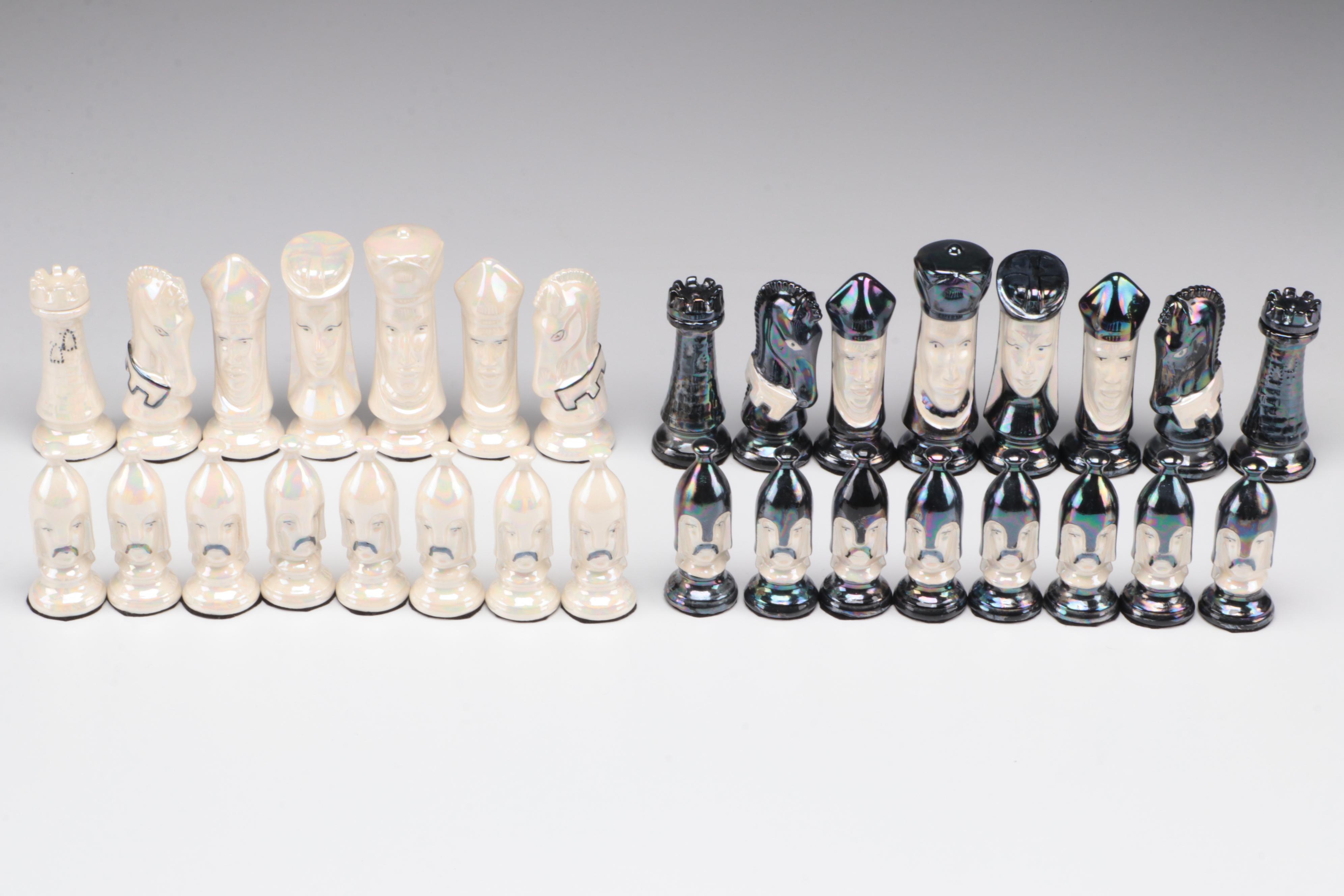 Mexican Onyx Chess Board with Duncan Mold Iridescent Ceramic Pieces