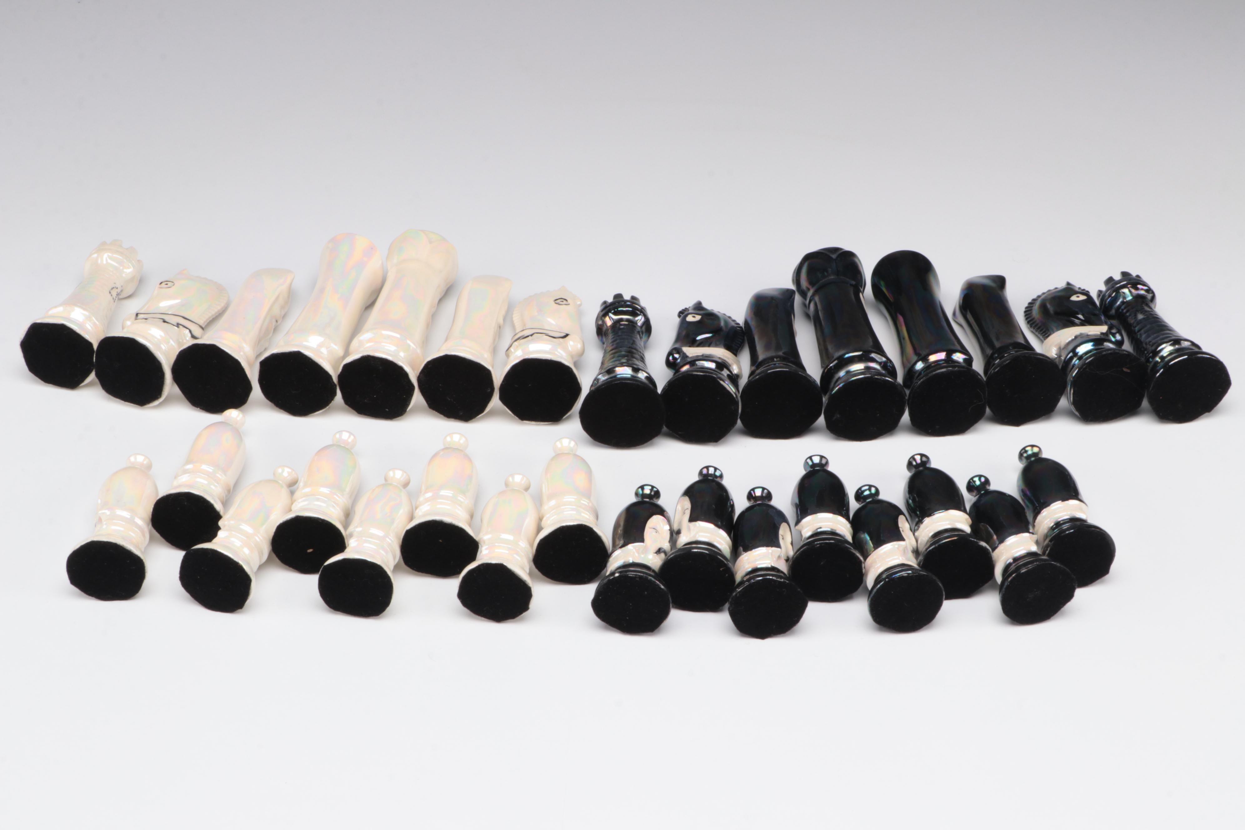 Mexican Onyx Chess Board with Duncan Mold Iridescent Ceramic Pieces