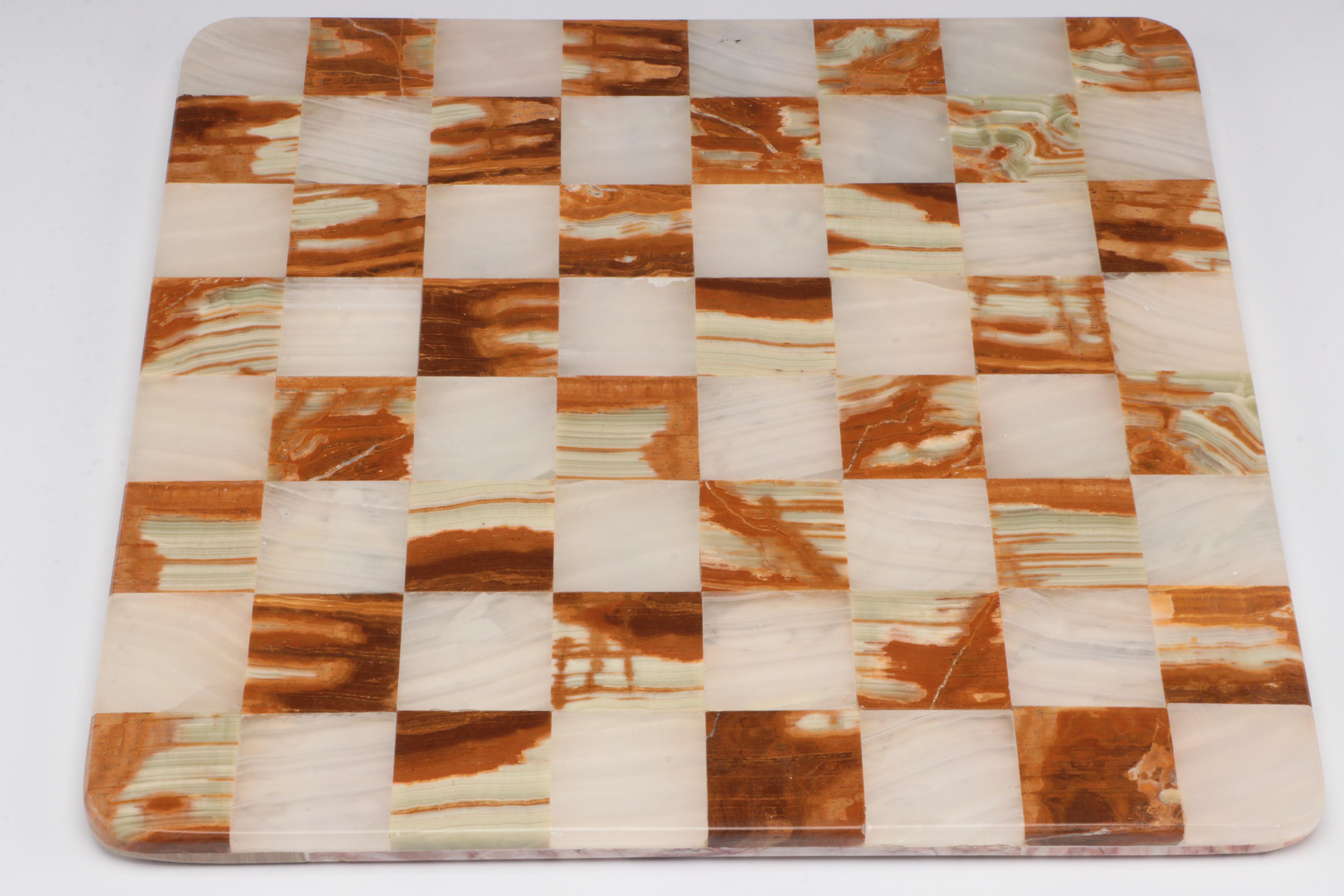 Mexican Onyx Chess Board with Duncan Mold Iridescent Ceramic Pieces