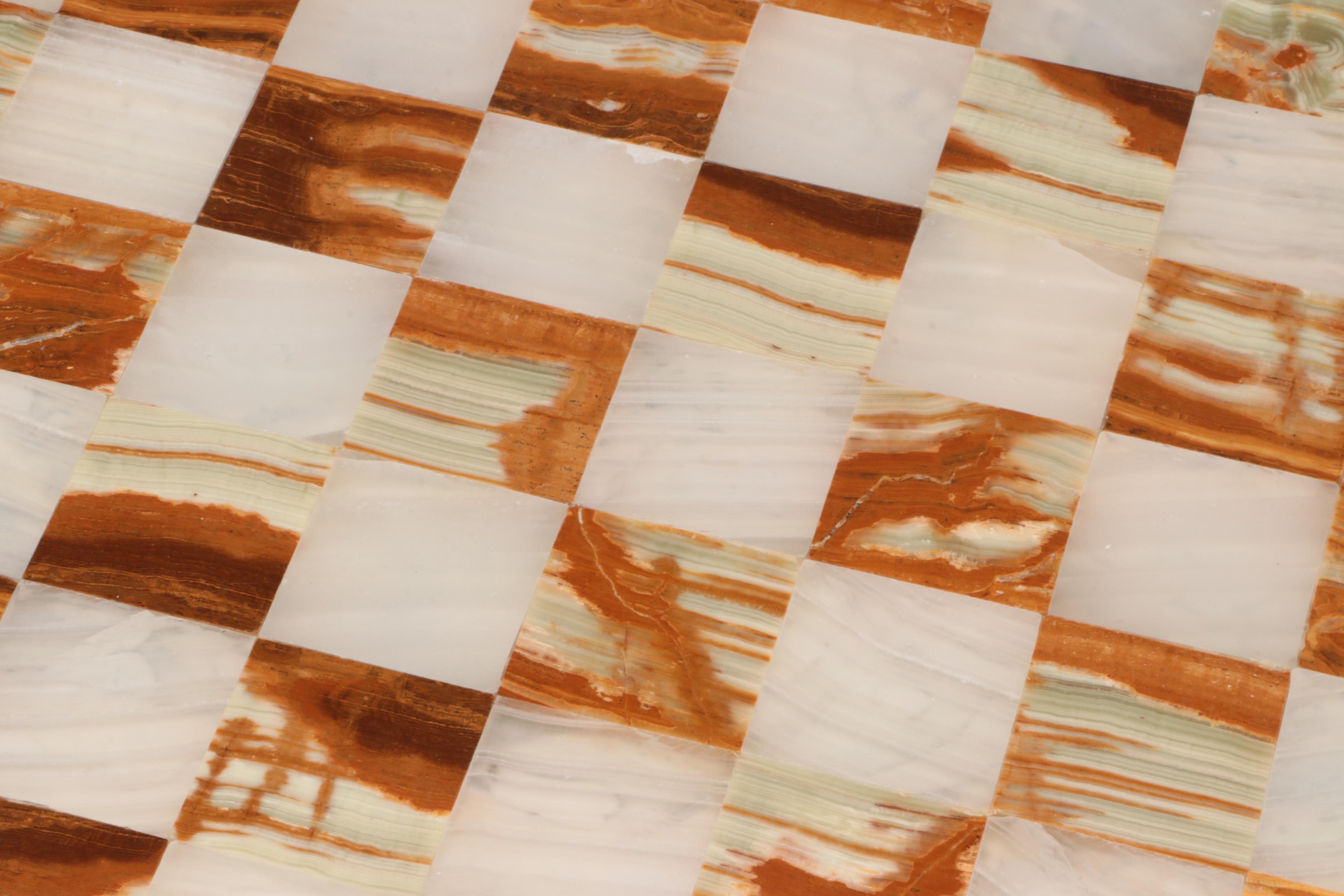 Mexican Onyx Chess Board with Duncan Mold Iridescent Ceramic Pieces