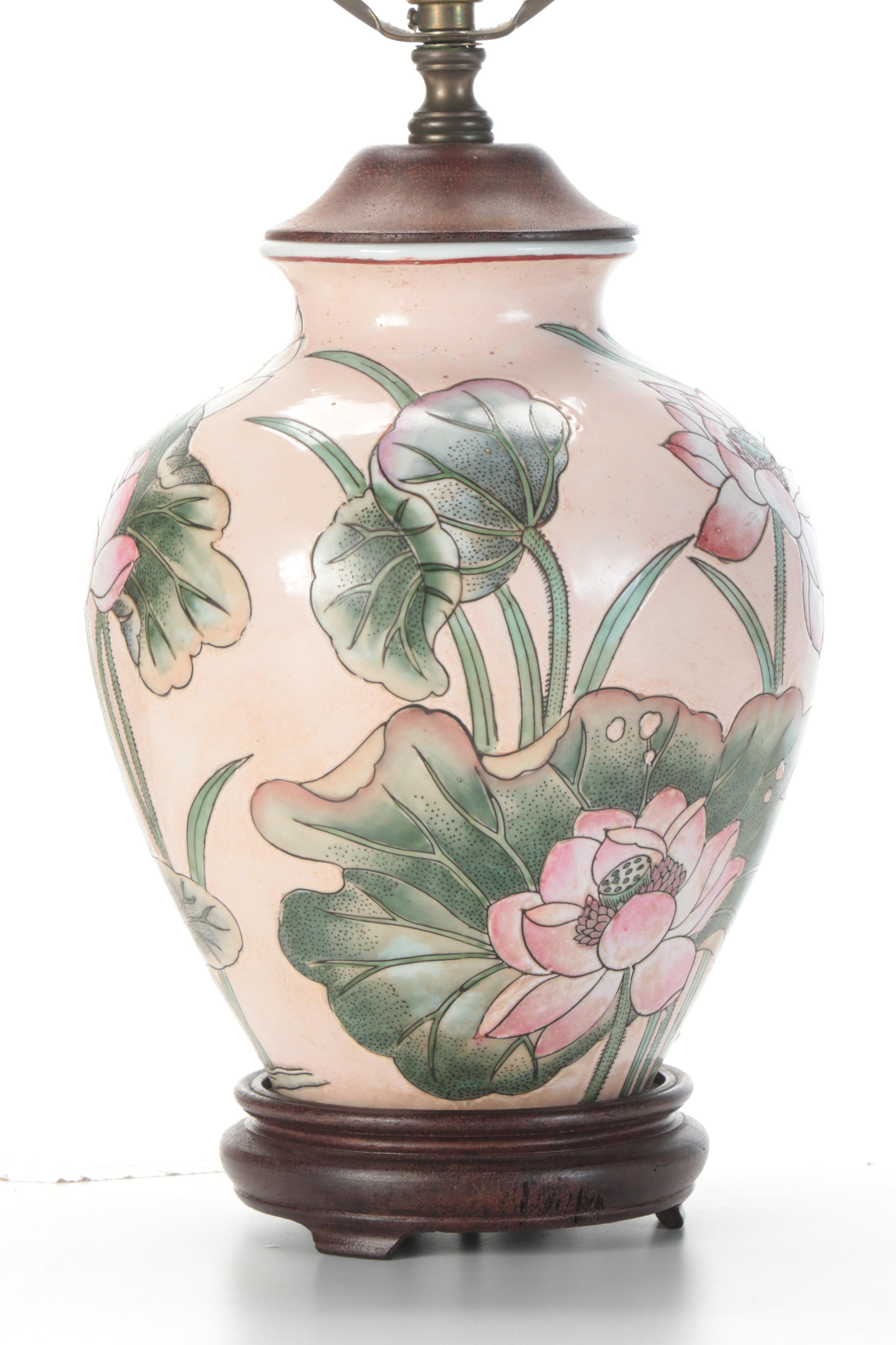 Chinese Porcelain Lotus Flower Jar Table Lamp, Late 20th Century
