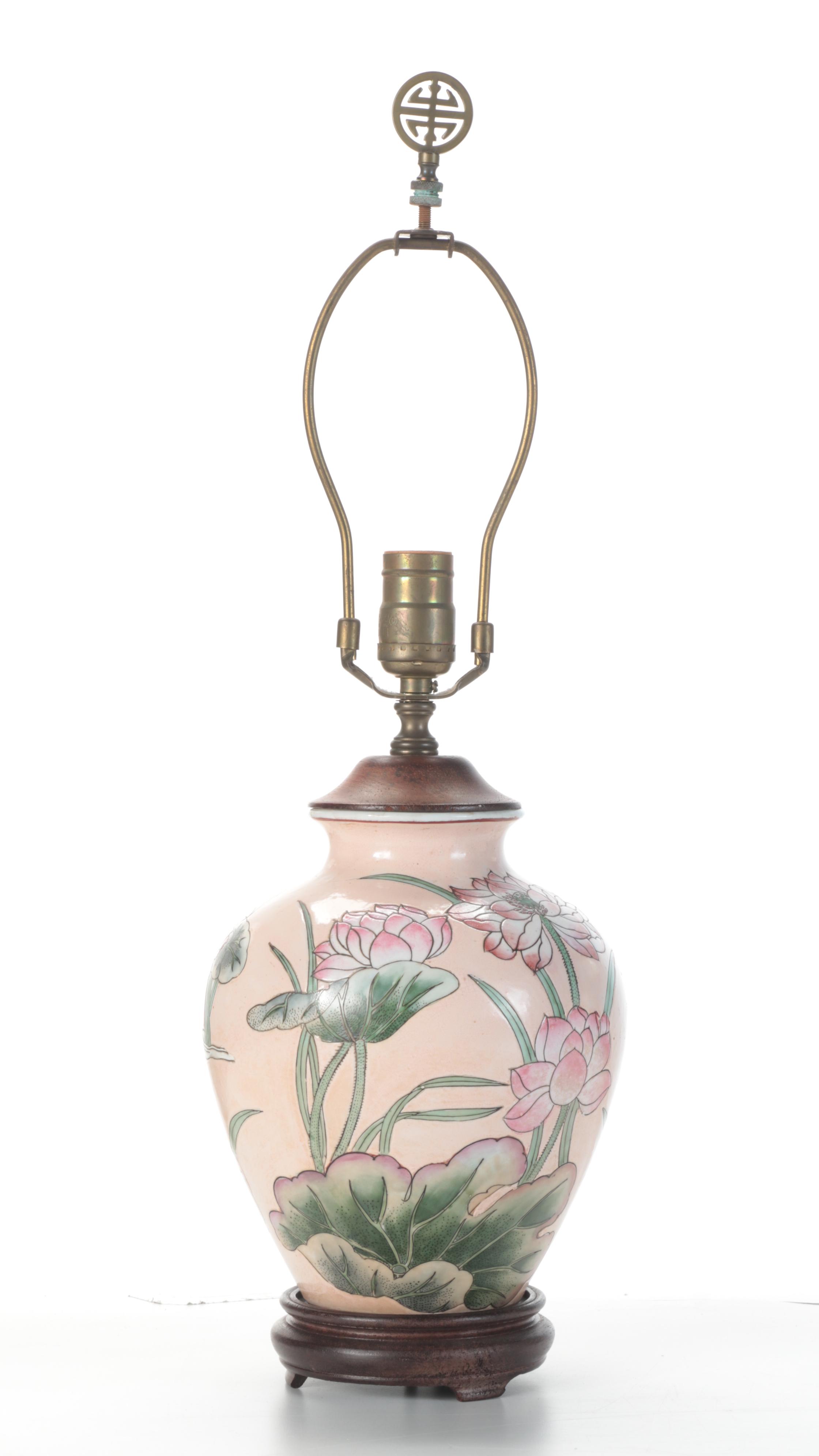Chinese Porcelain Lotus Flower Jar Table Lamp, Late 20th Century