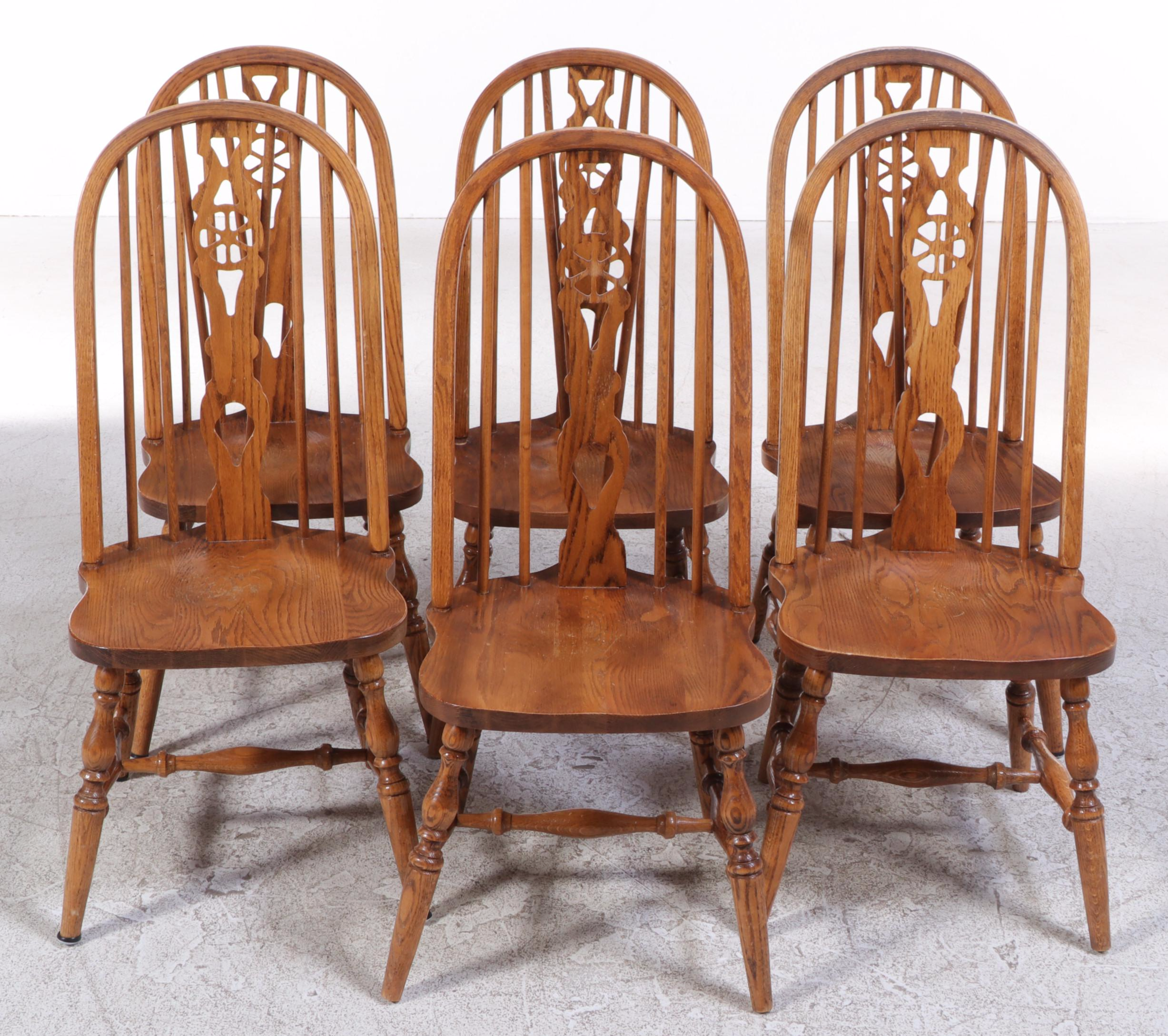 Victorian Style Oak Pedestal Dining Table with Six Windsor Chairs