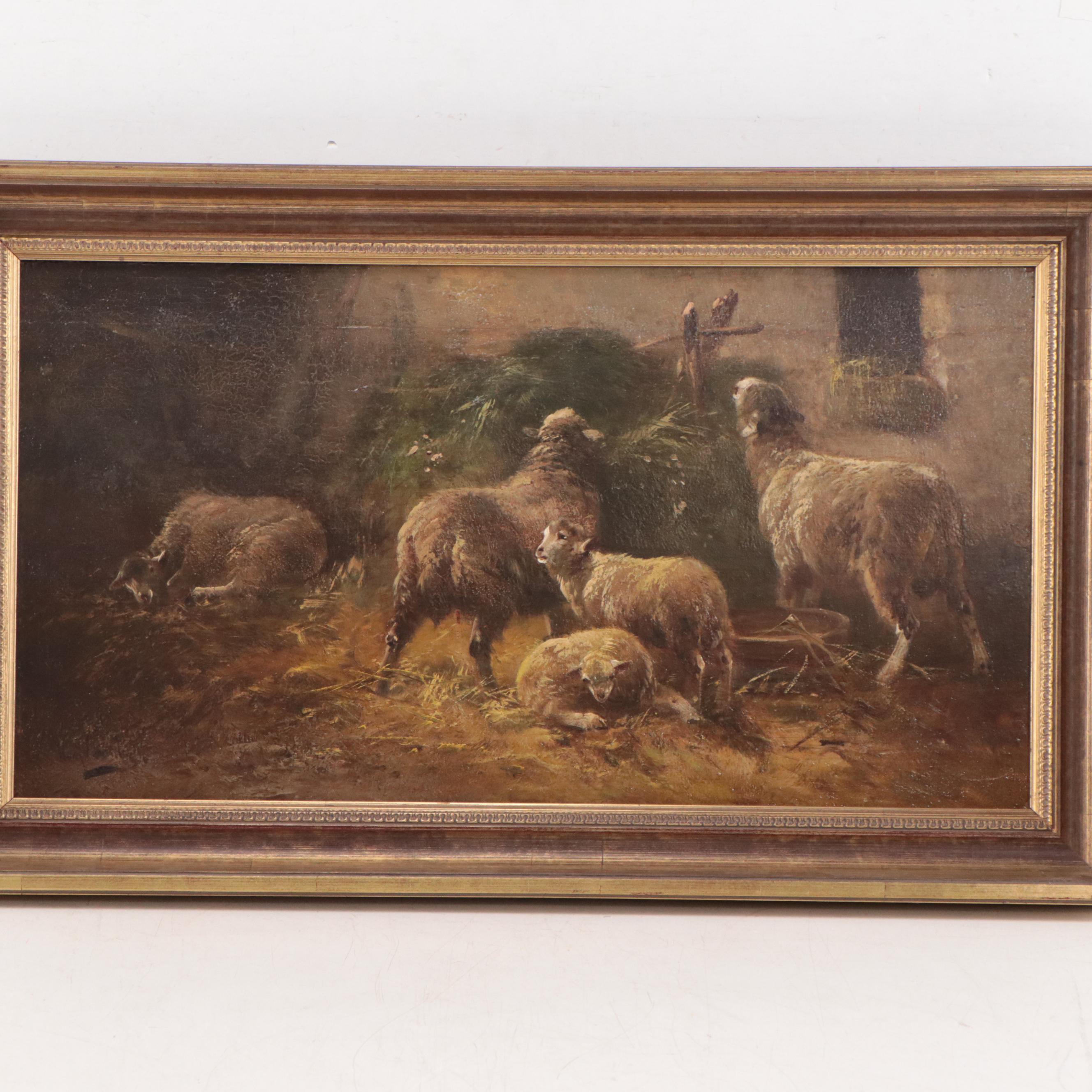 Oil Painting of Sheep In Barn