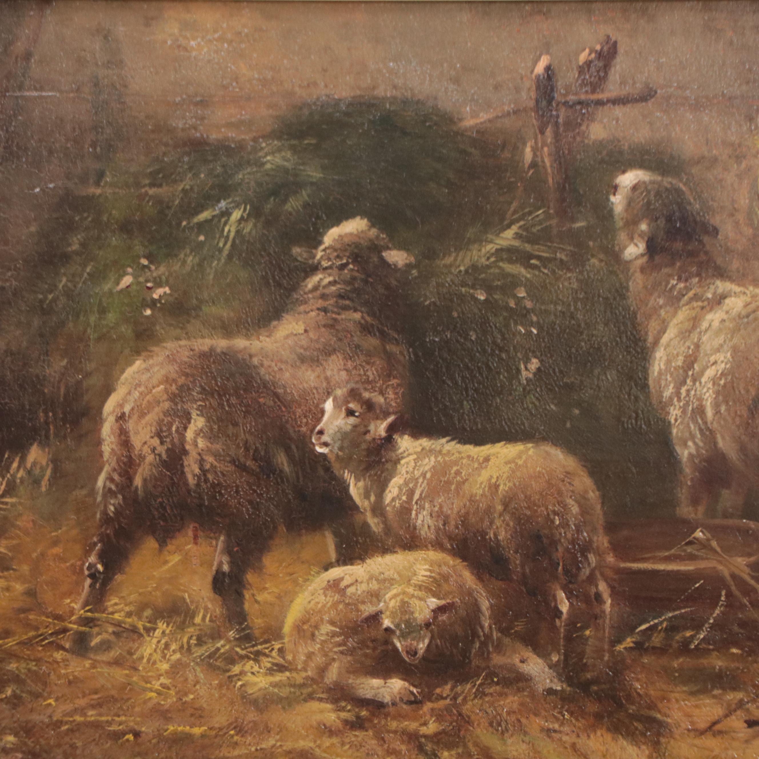 Oil Painting of Sheep In Barn