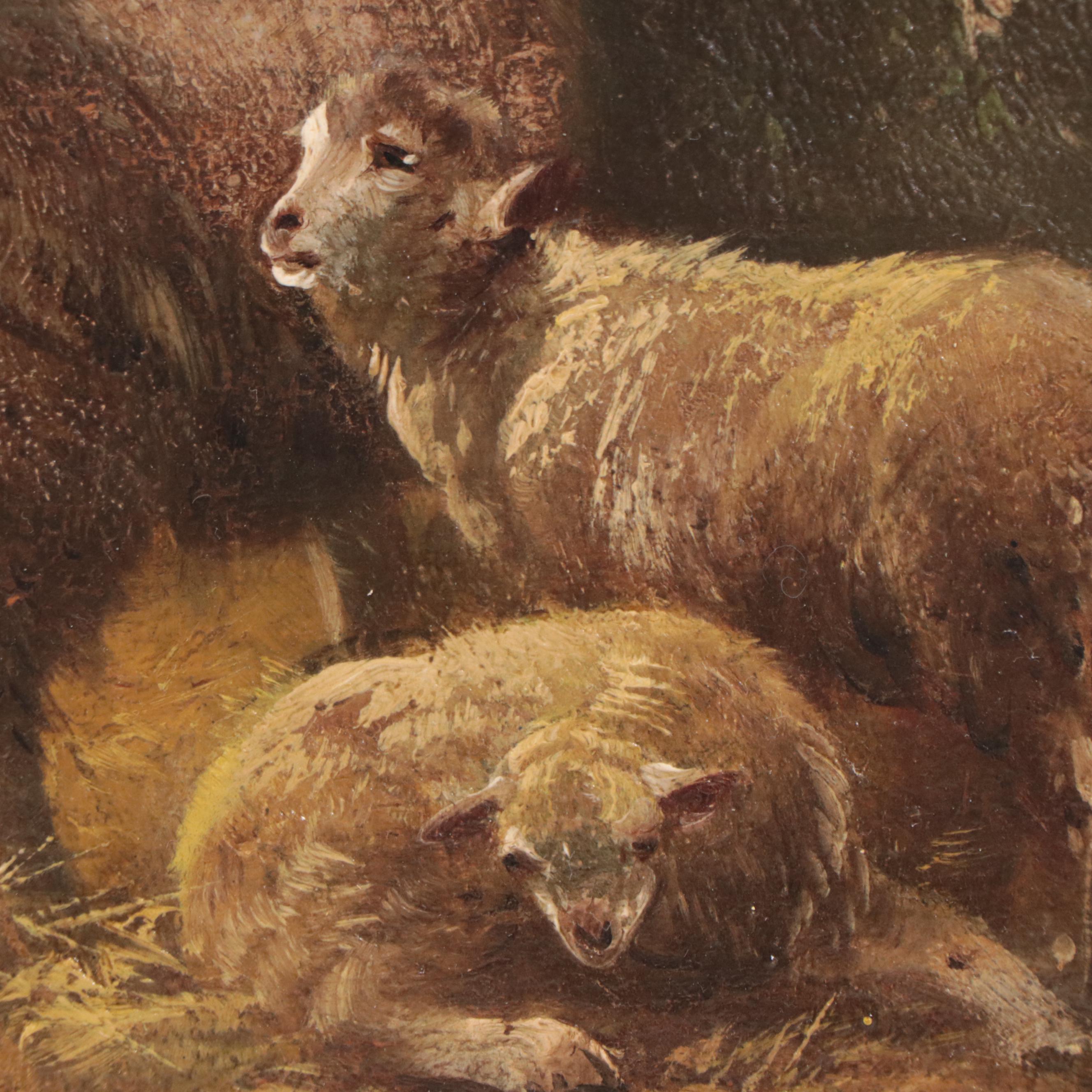 Oil Painting of Sheep In Barn