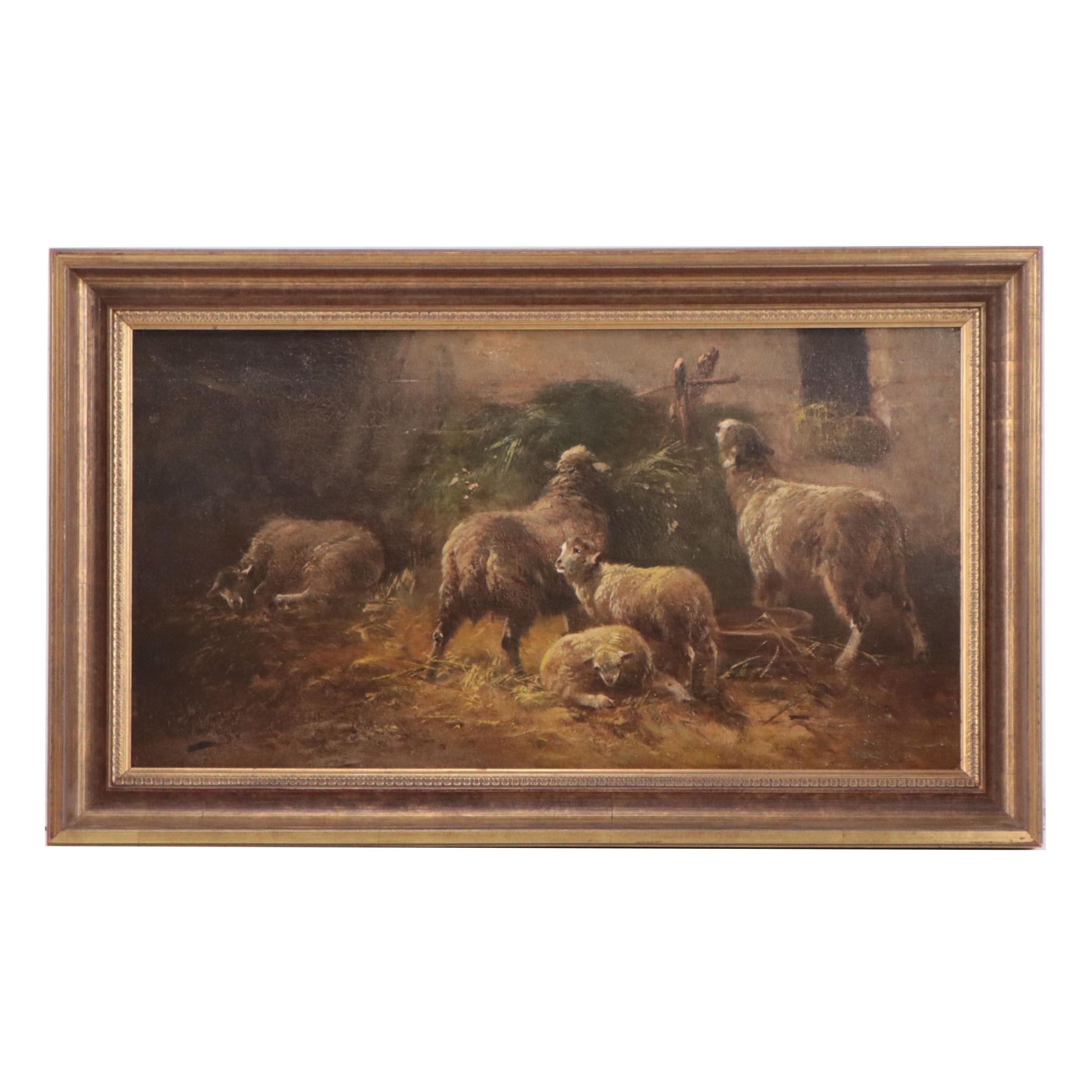 Oil Painting of Sheep In Barn