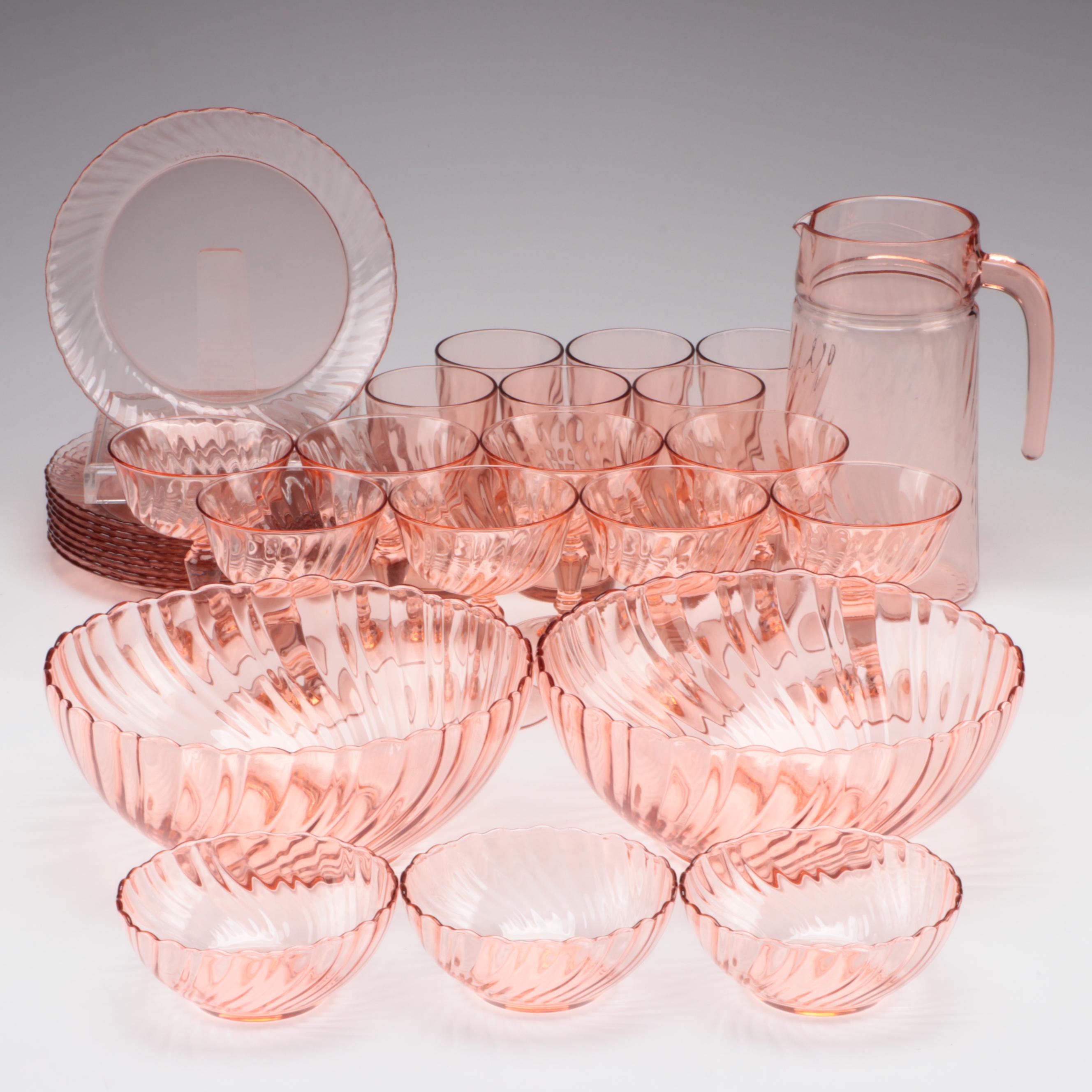Cristal D'Arques-Durand "Rosaline Pink" Swirl Optic Glass Tableware