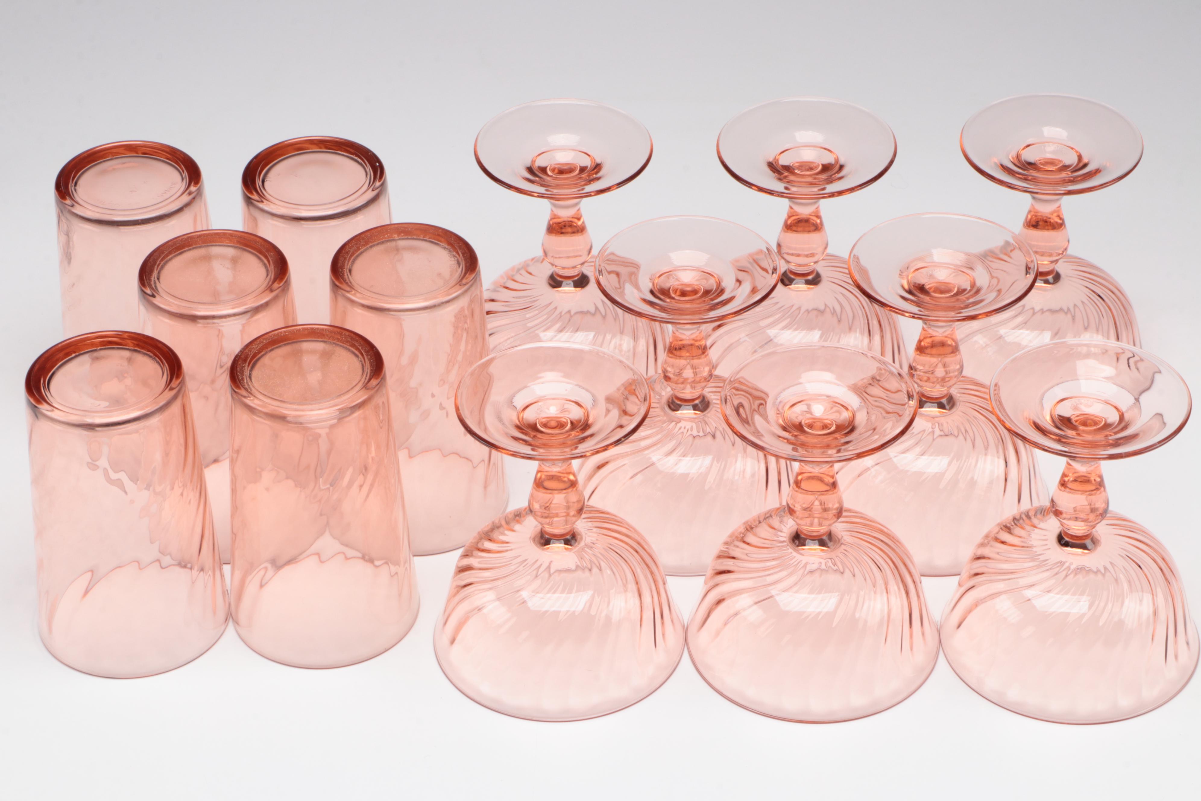 Cristal D'Arques-Durand "Rosaline Pink" Swirl Optic Glass Tableware