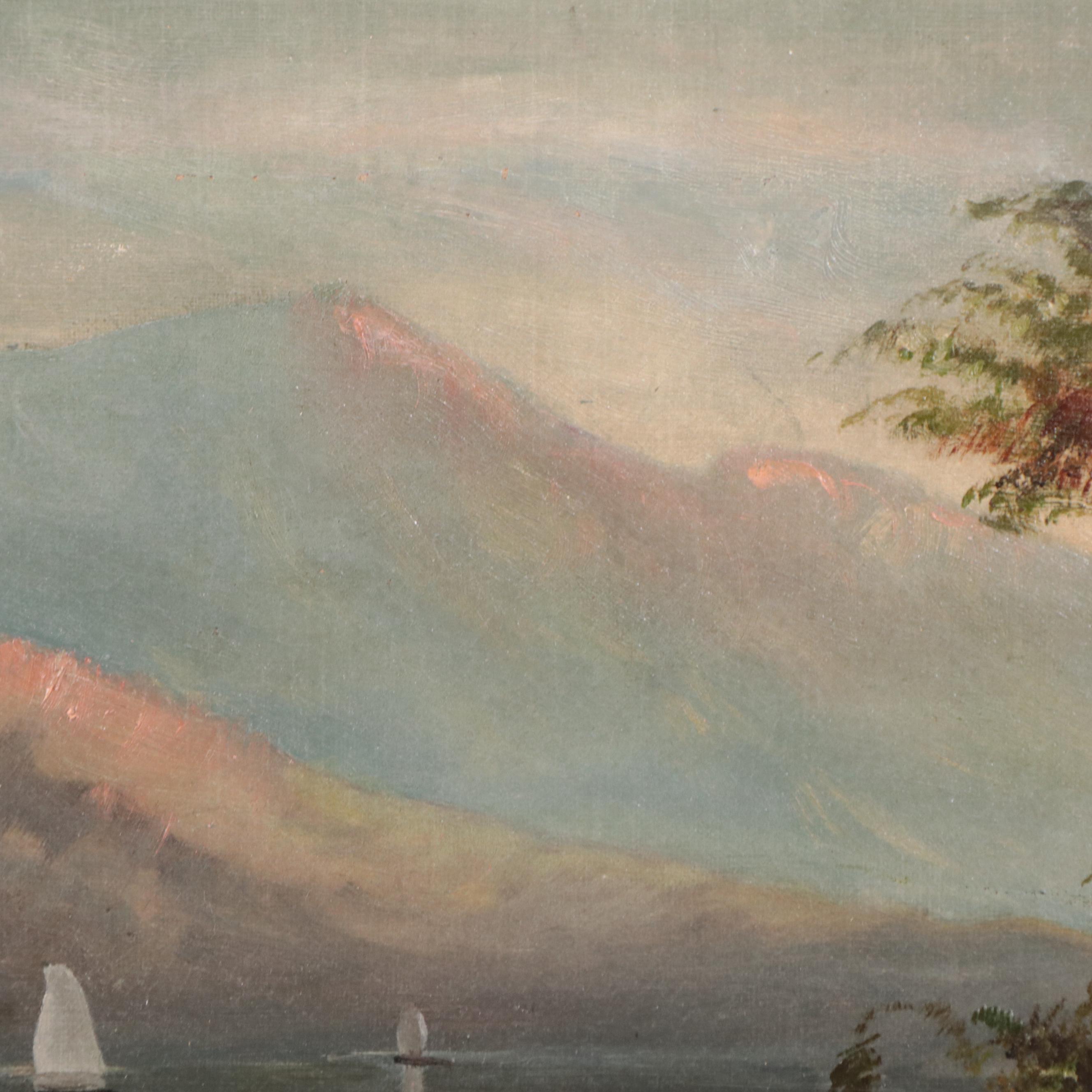 Oil Painting of Lake Landscape With Sailboats