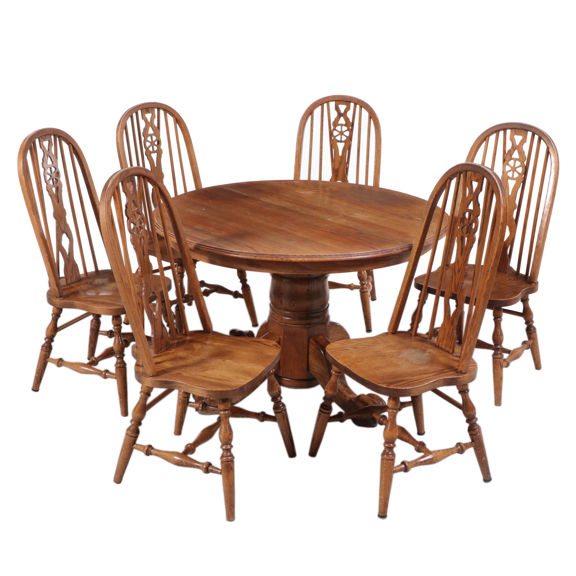 Victorian Style Oak Pedestal Dining Table with Six Windsor Chairs