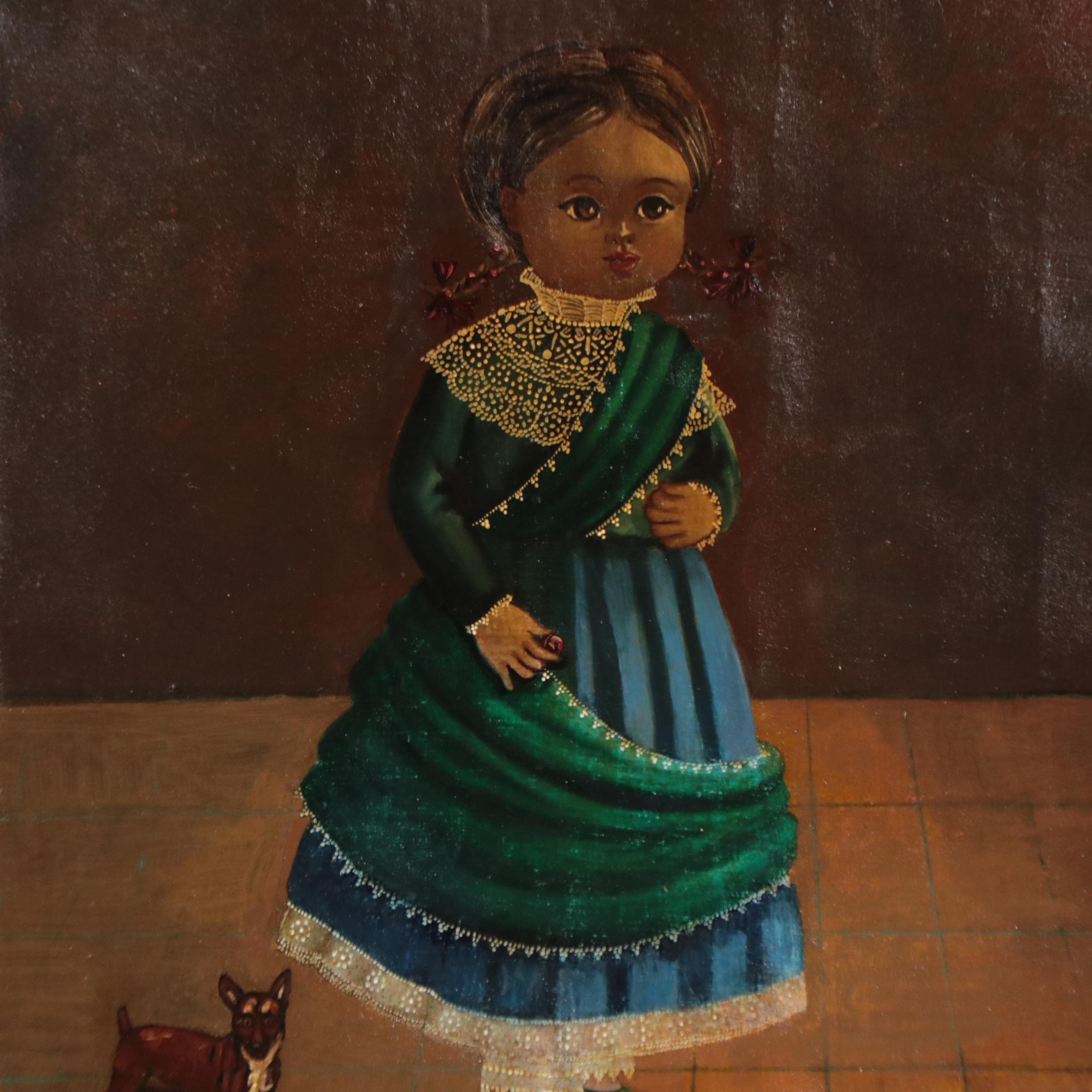 Agapito Labios Oil Painting of Young Girl and Chihuahua