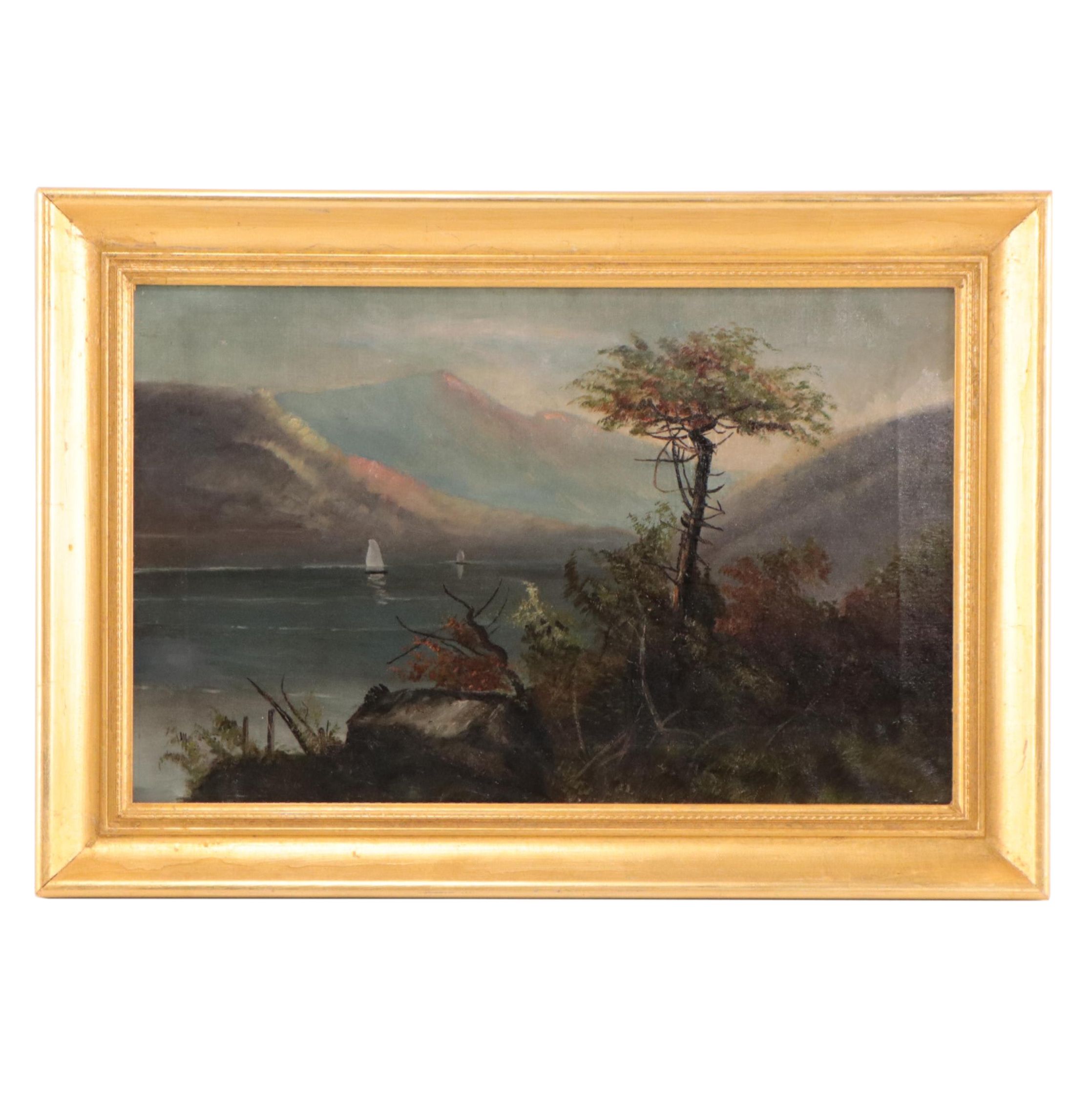 Oil Painting of Lake Landscape With Sailboats