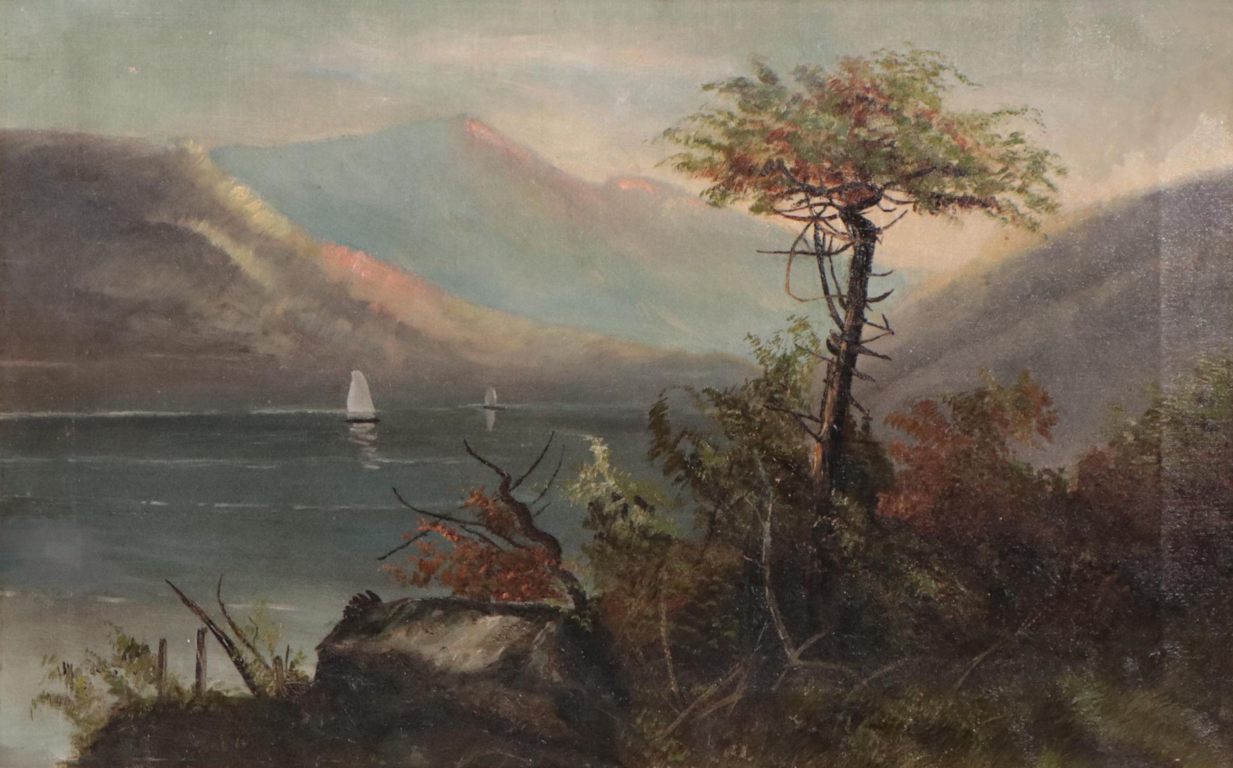 Oil Painting of Lake Landscape With Sailboats