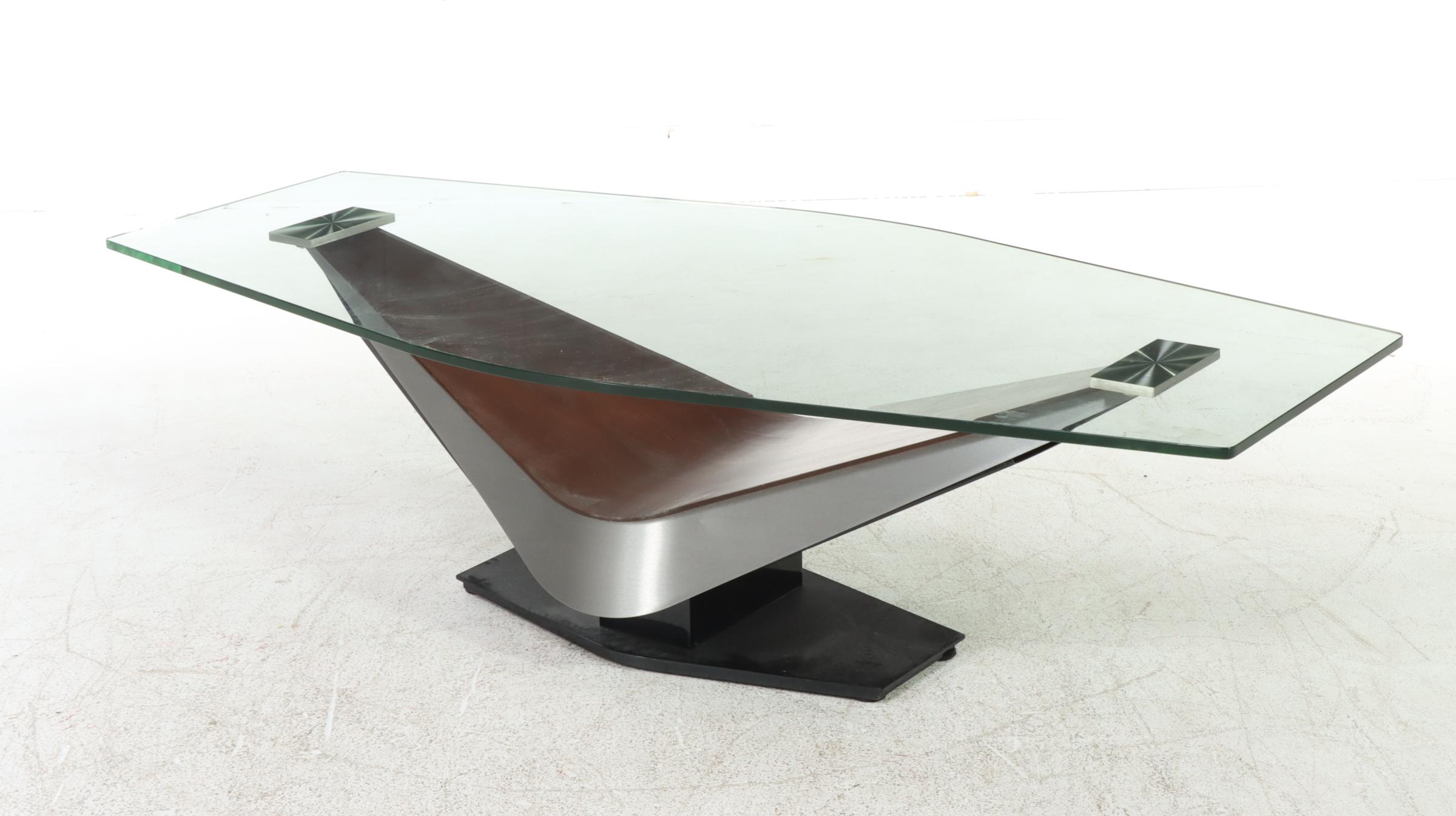 Elite Modern "Victor" Walnut Veneer, Steel and Glass Top Coffee Table