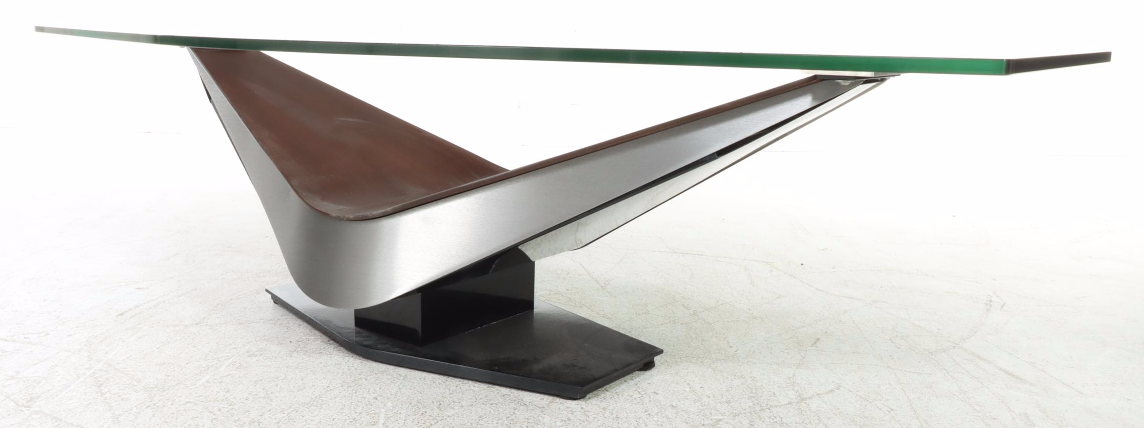 Elite Modern "Victor" Walnut Veneer, Steel and Glass Top Coffee Table
