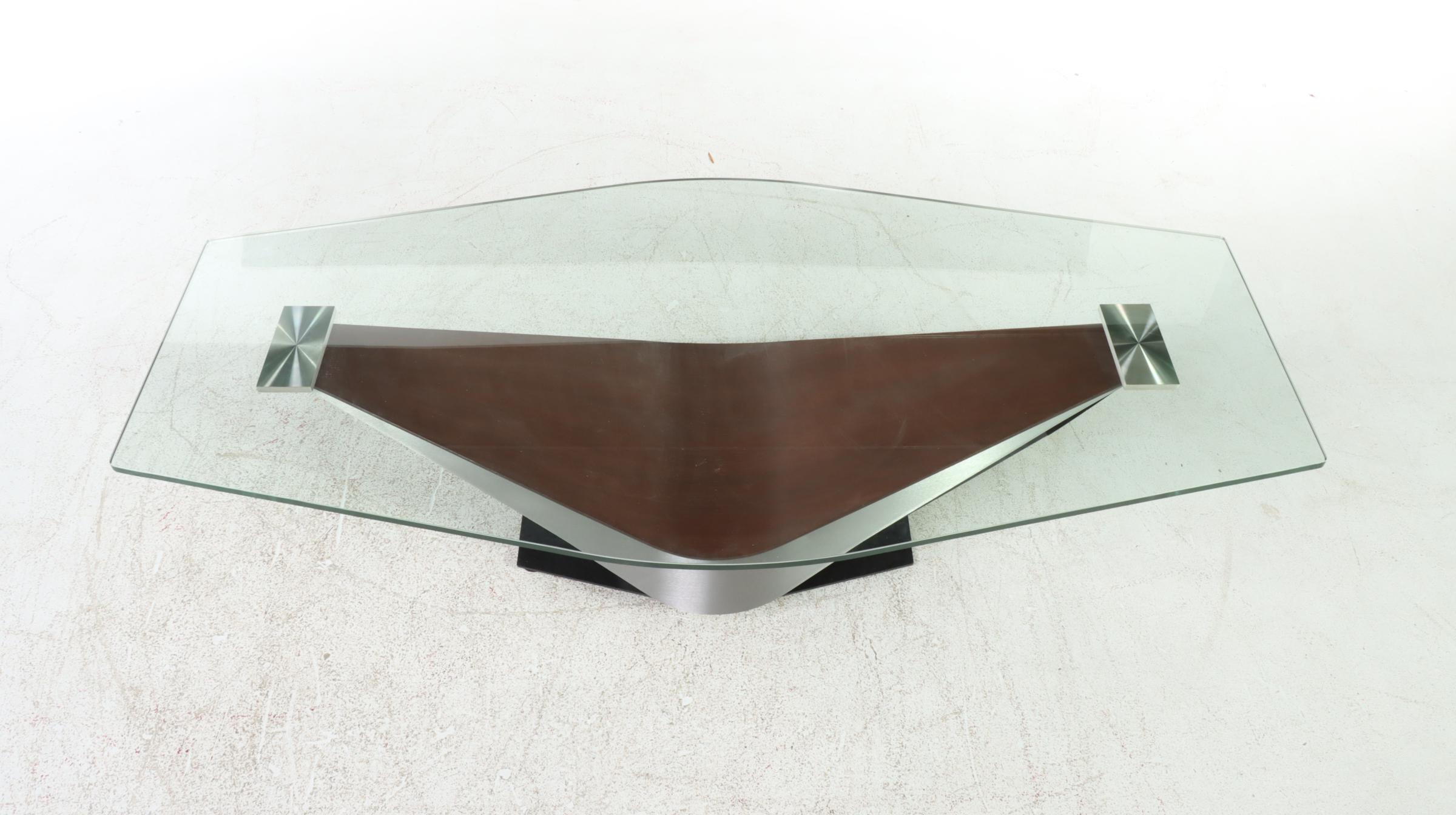 Elite Modern "Victor" Walnut Veneer, Steel and Glass Top Coffee Table