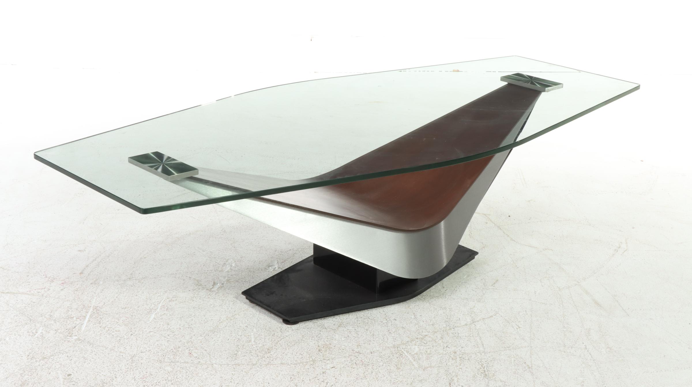 Elite Modern "Victor" Walnut Veneer, Steel and Glass Top Coffee Table