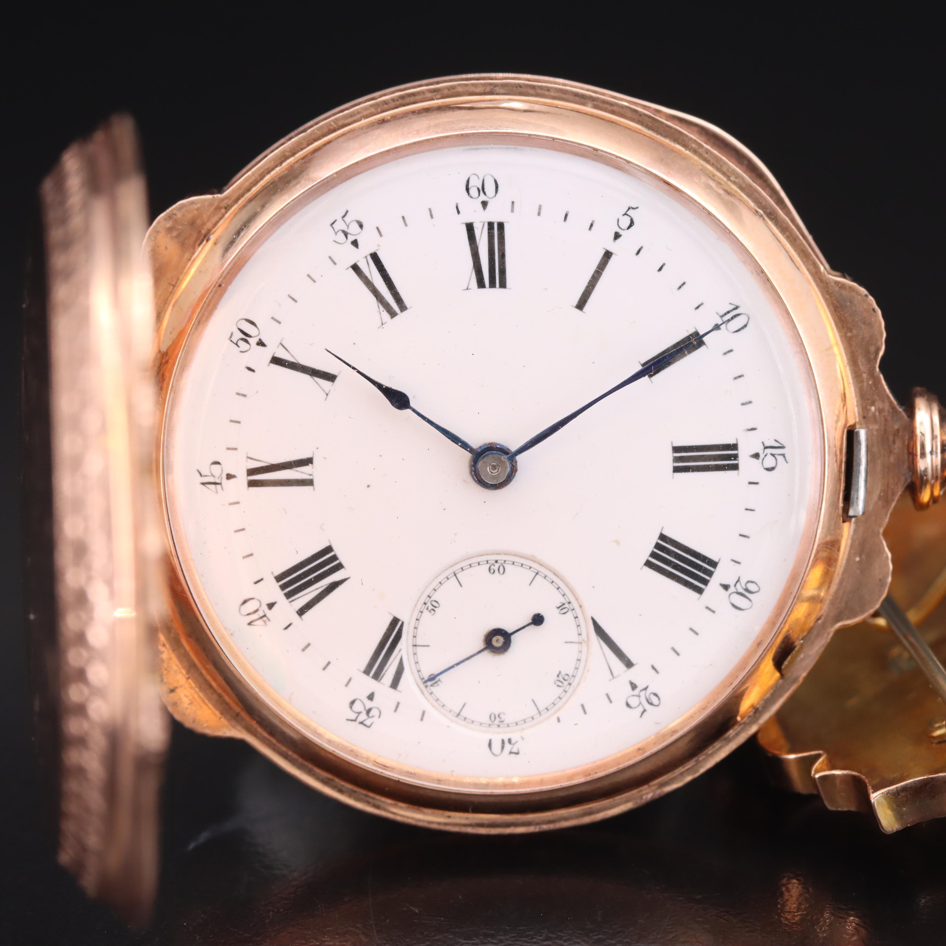 14K Rose Gold True Box Hinge Pocket Watch with Gold-Filled Watch Pin