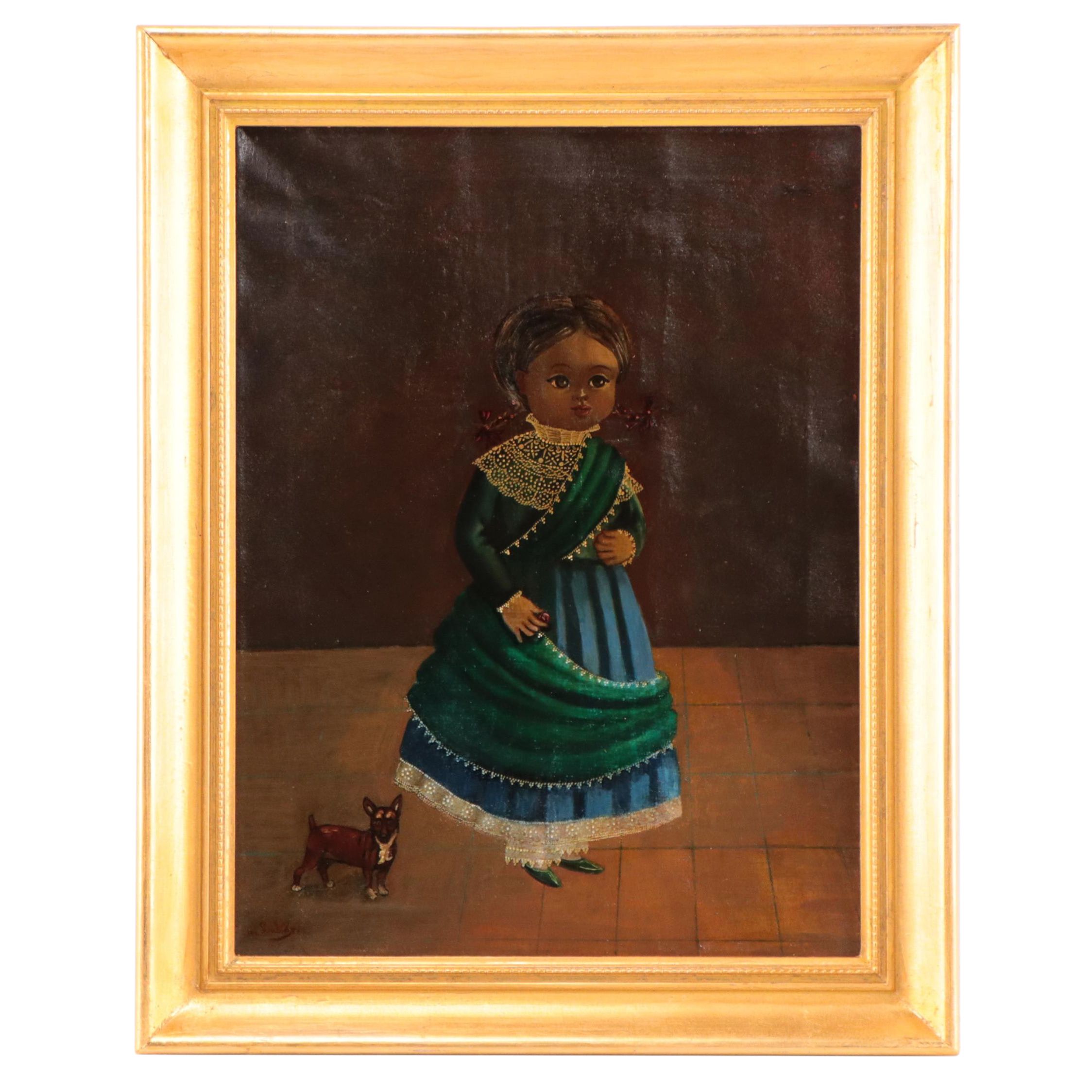 Agapito Labios Oil Painting of Young Girl and Chihuahua