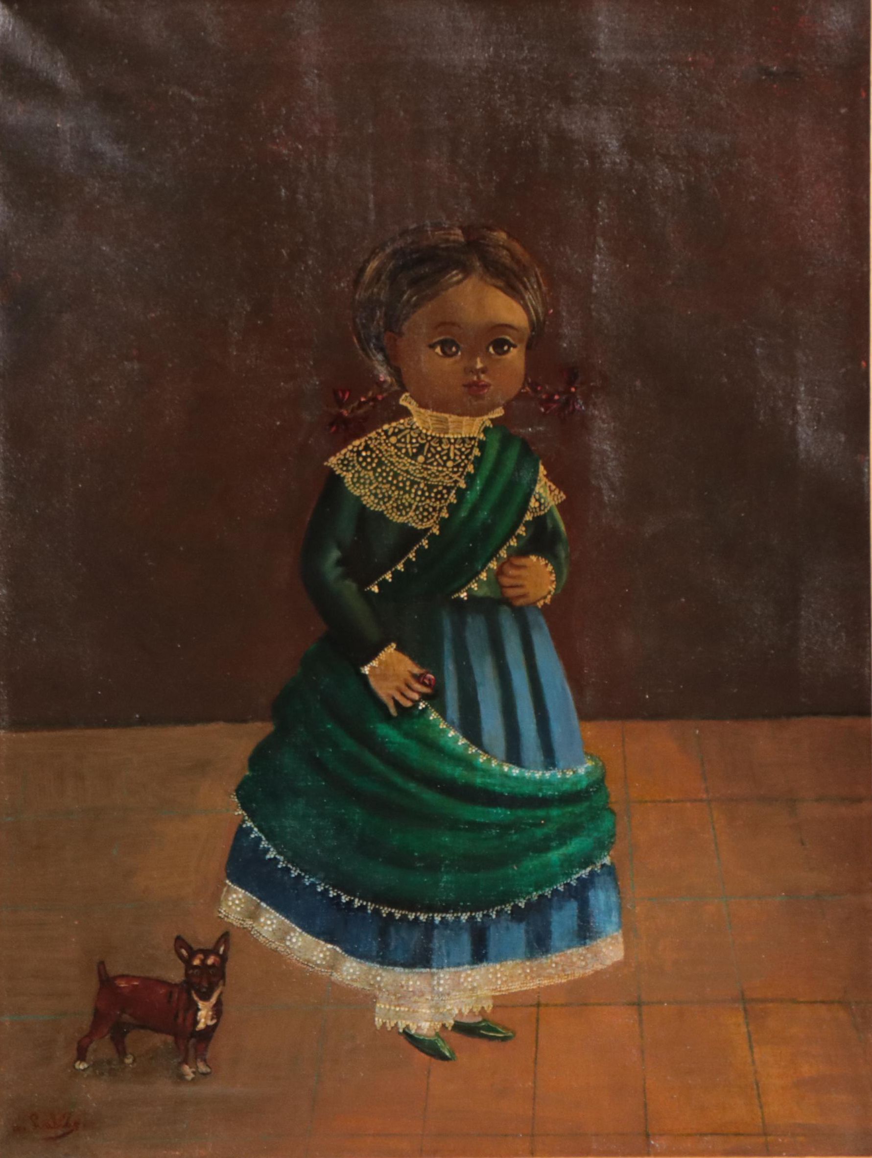 Agapito Labios Oil Painting of Young Girl and Chihuahua