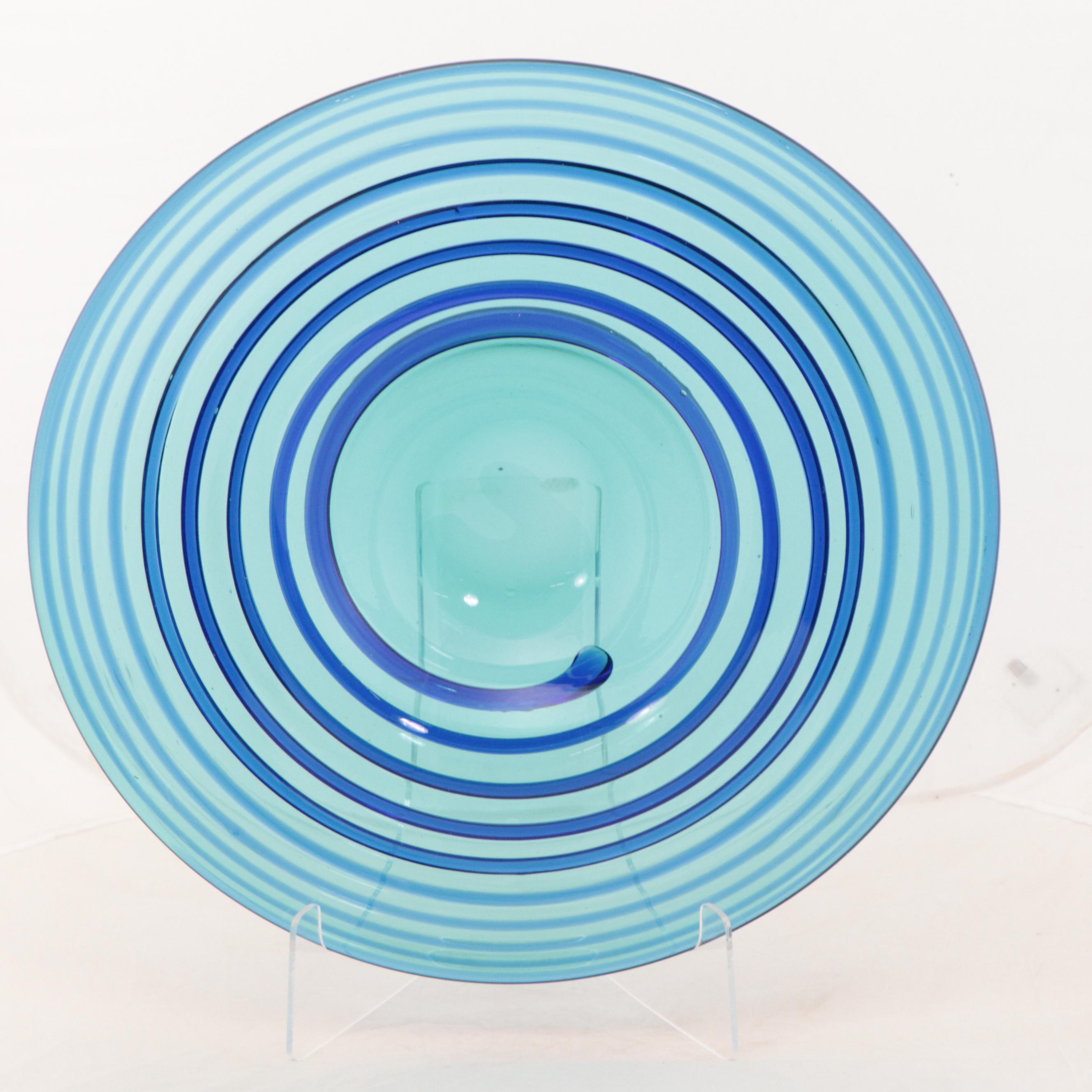 Handmade Blue and Turquoise Spiral Blown Glass Bowl With Acrylic Stand