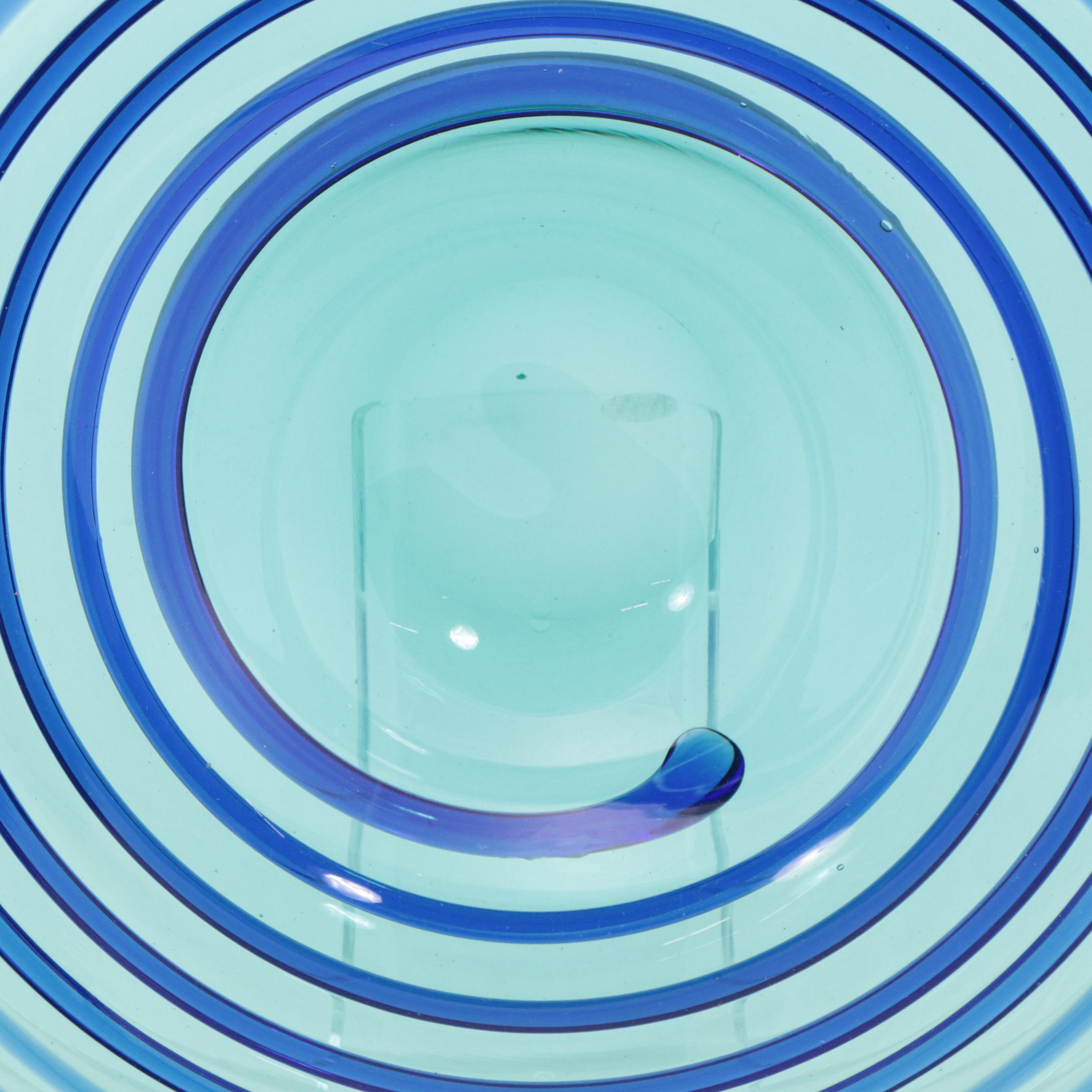 Handmade Blue and Turquoise Spiral Blown Glass Bowl With Acrylic Stand