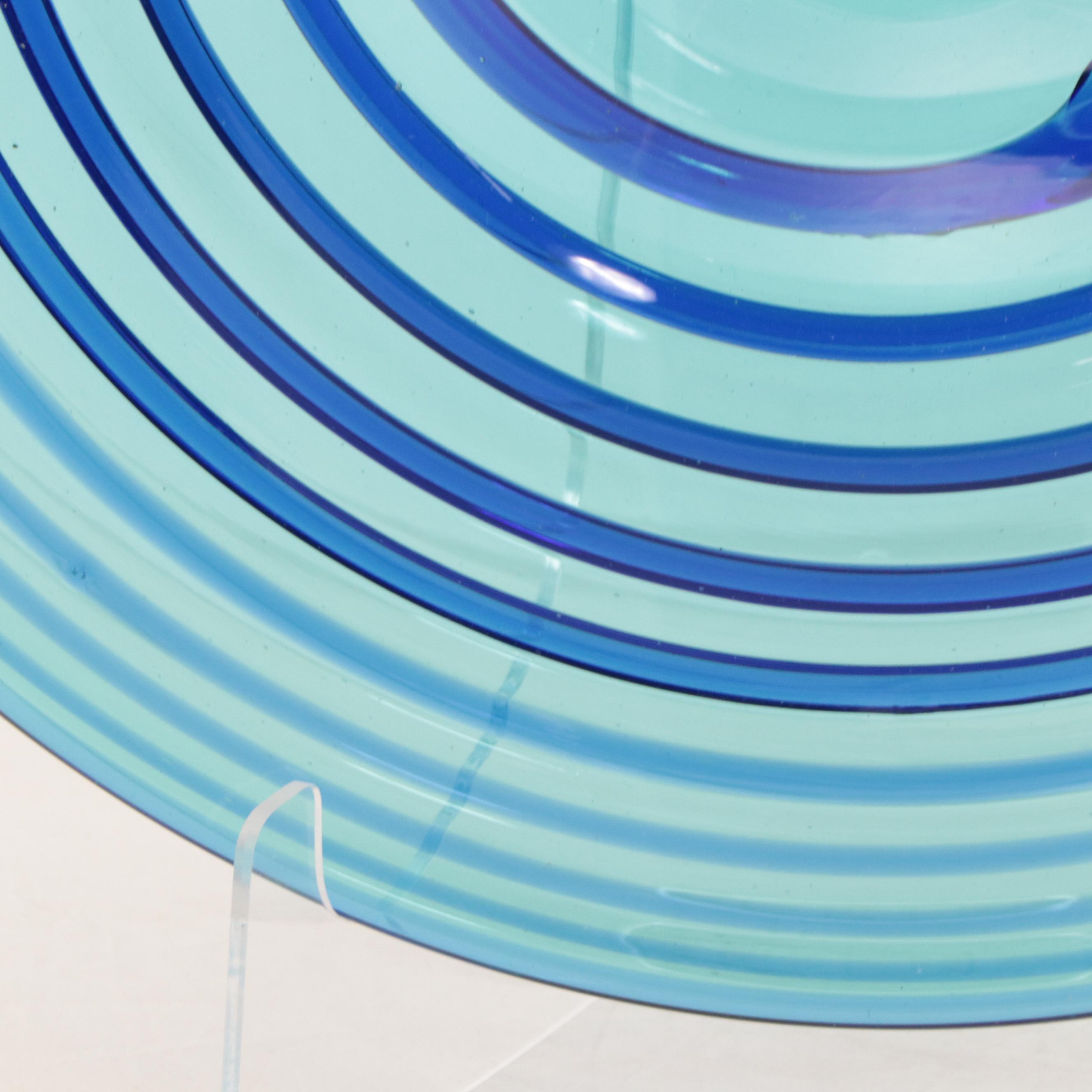 Handmade Blue and Turquoise Spiral Blown Glass Bowl With Acrylic Stand