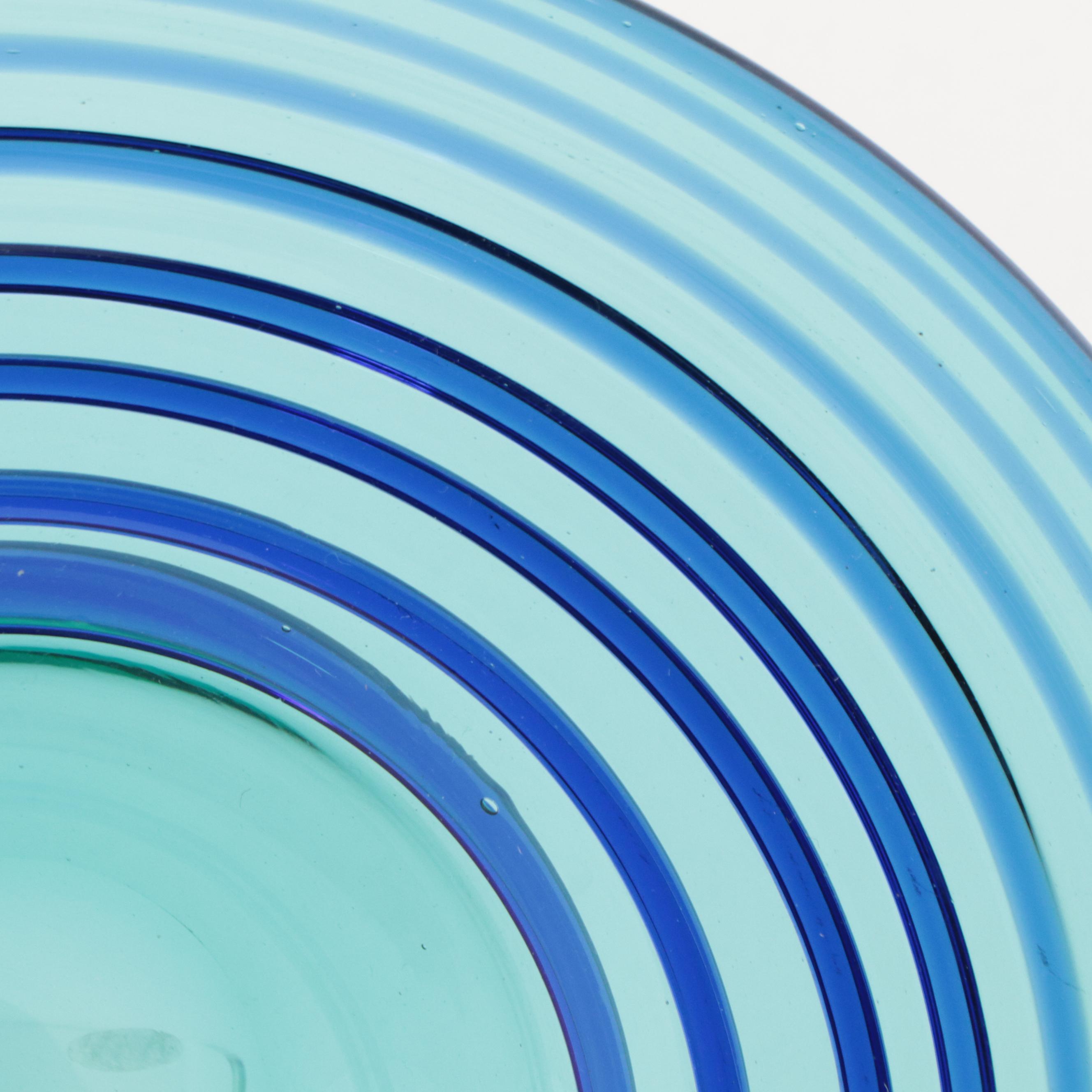 Handmade Blue and Turquoise Spiral Blown Glass Bowl With Acrylic Stand