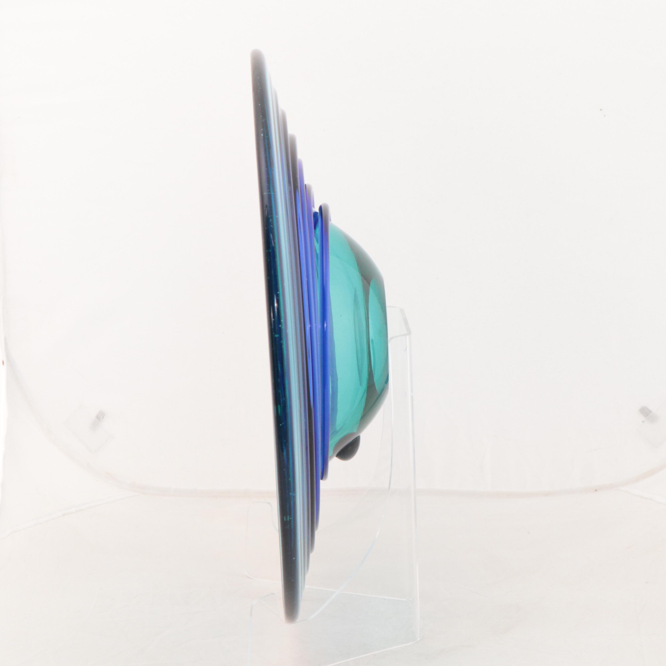 Handmade Blue and Turquoise Spiral Blown Glass Bowl With Acrylic Stand