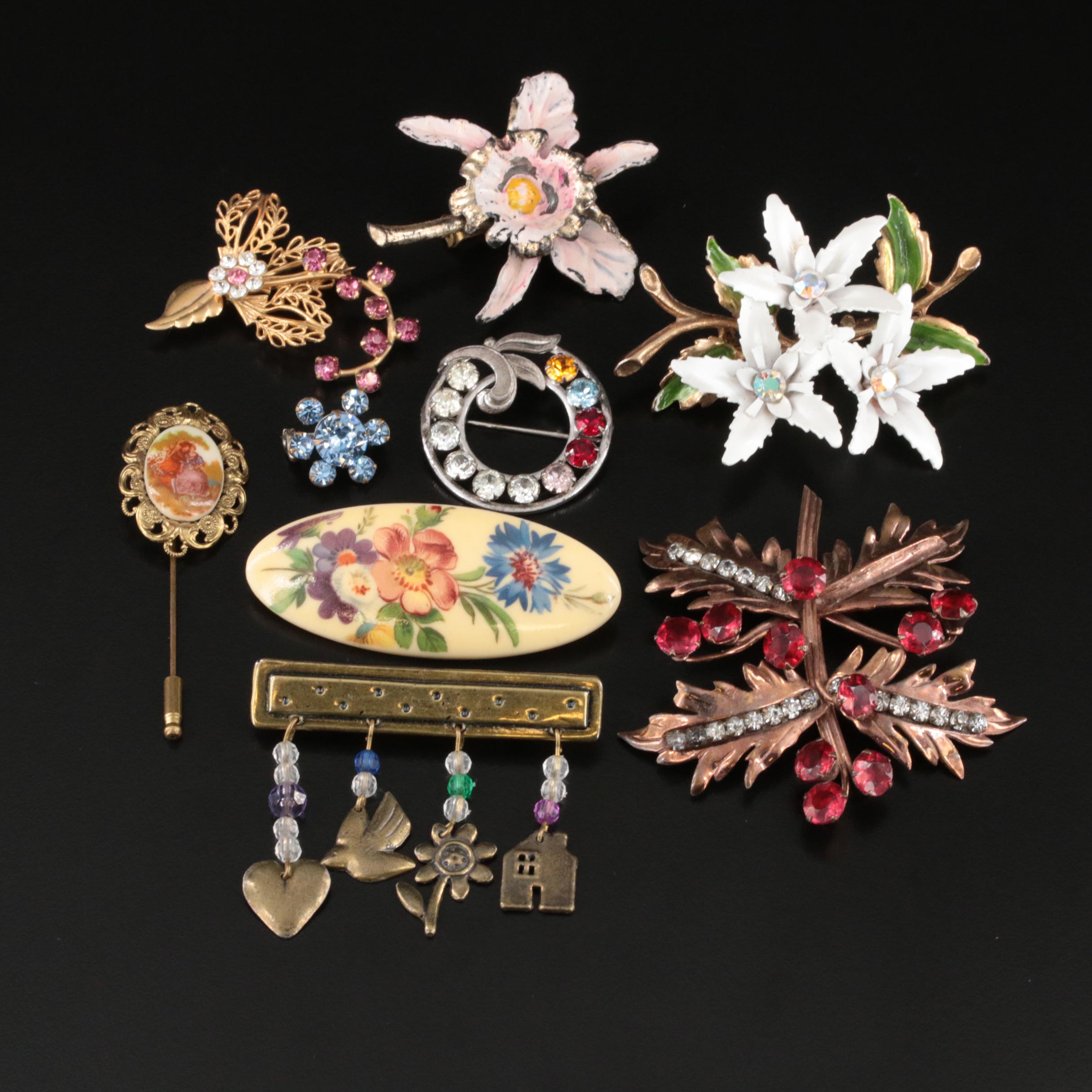 Floral Themed Brooches and Stick Pin Including Sterling