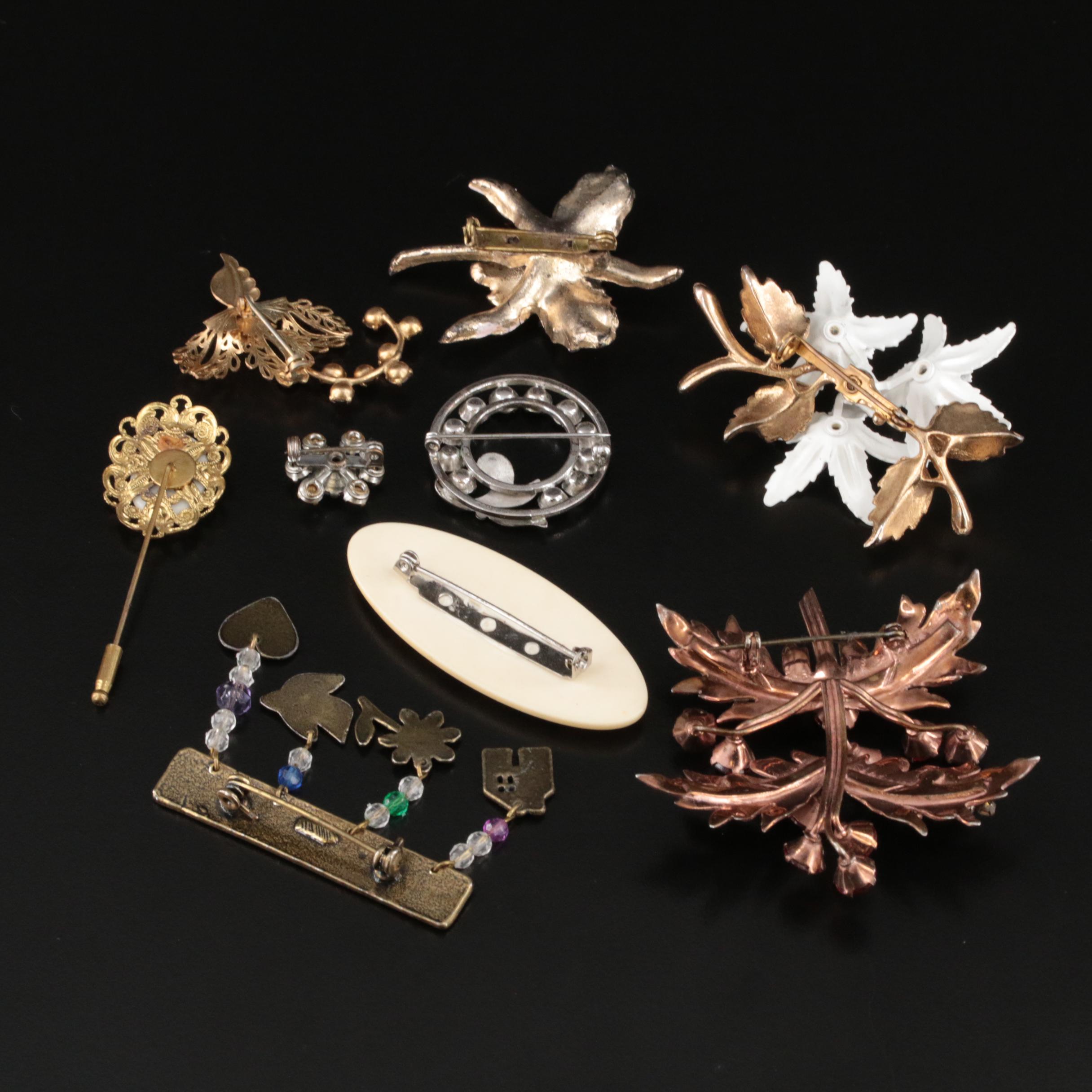 Floral Themed Brooches and Stick Pin Including Sterling