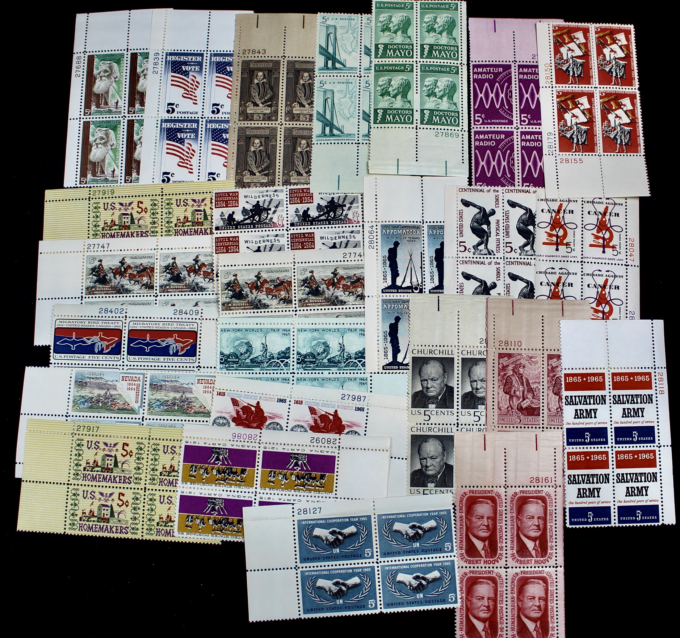1,050 U.S. Postage Stamp Plate Blocks, 1940s to 1960s