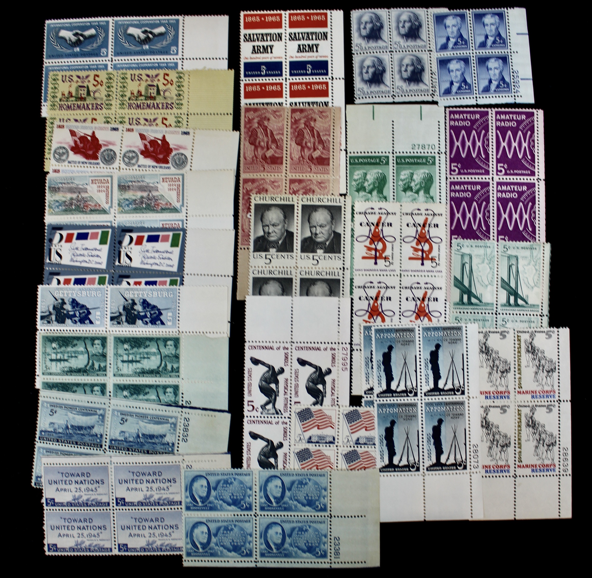 1,050 U.S. Postage Stamp Plate Blocks, 1940s to 1960s