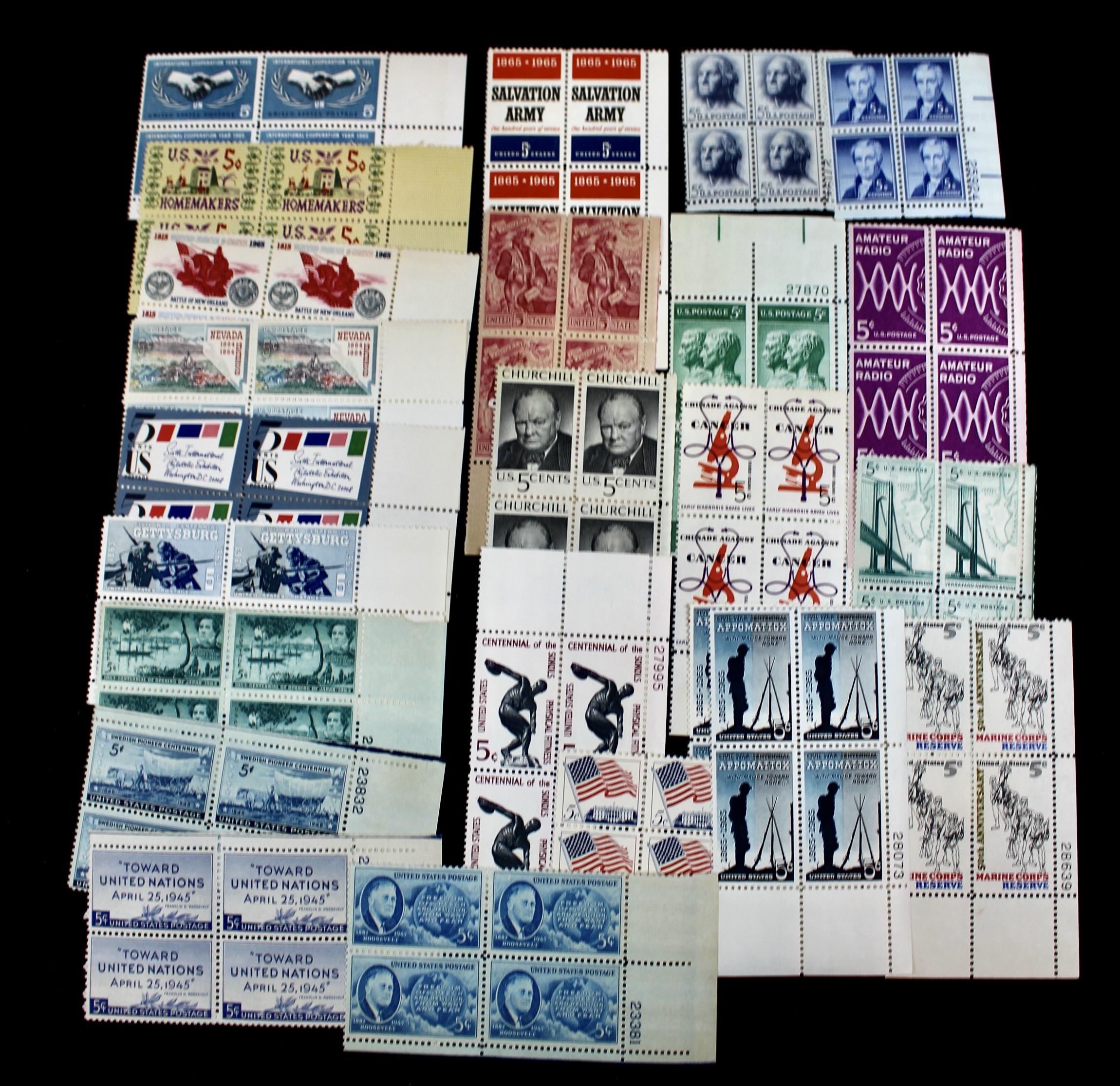 1,050 U.S. Postage Stamp Plate Blocks, 1940s to 1960s