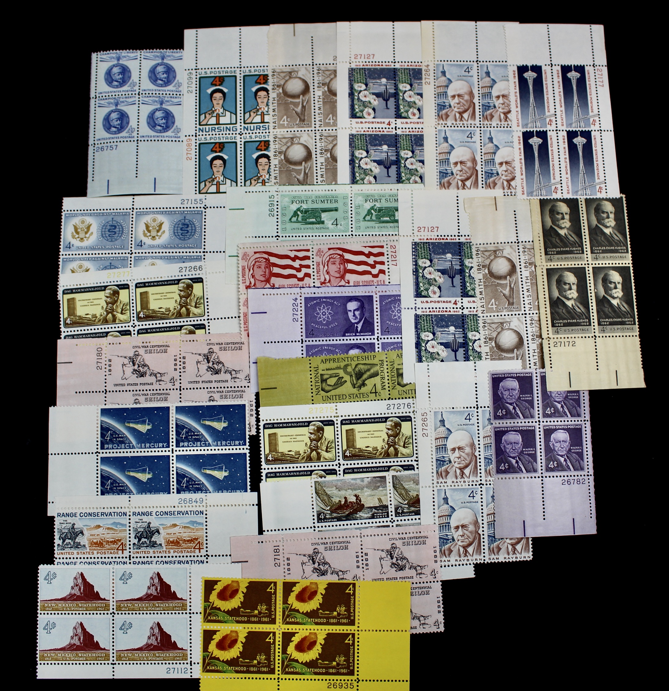 1,050 U.S. Postage Stamp Plate Blocks, 1940s to 1960s