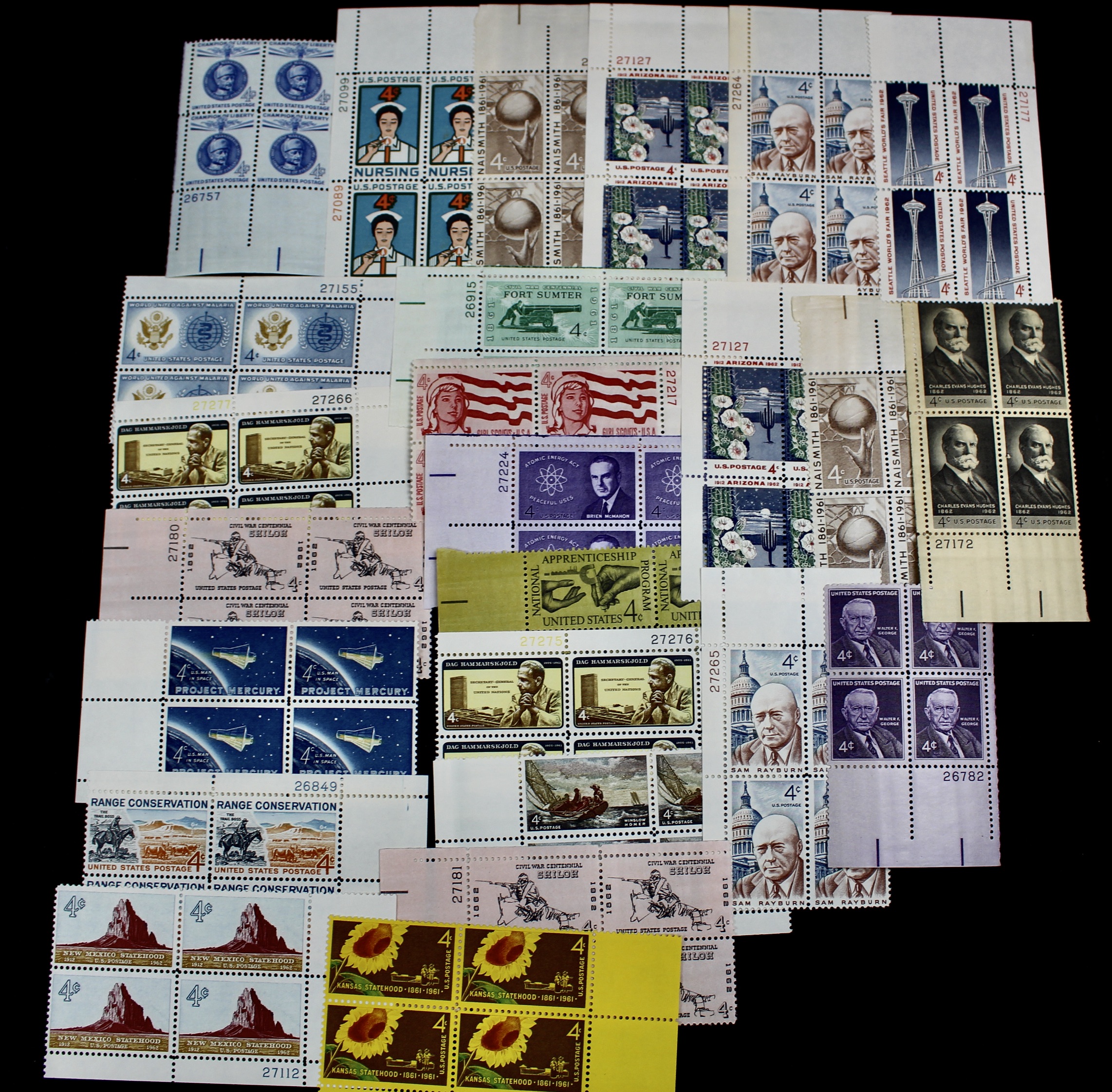 1,050 U.S. Postage Stamp Plate Blocks, 1940s to 1960s