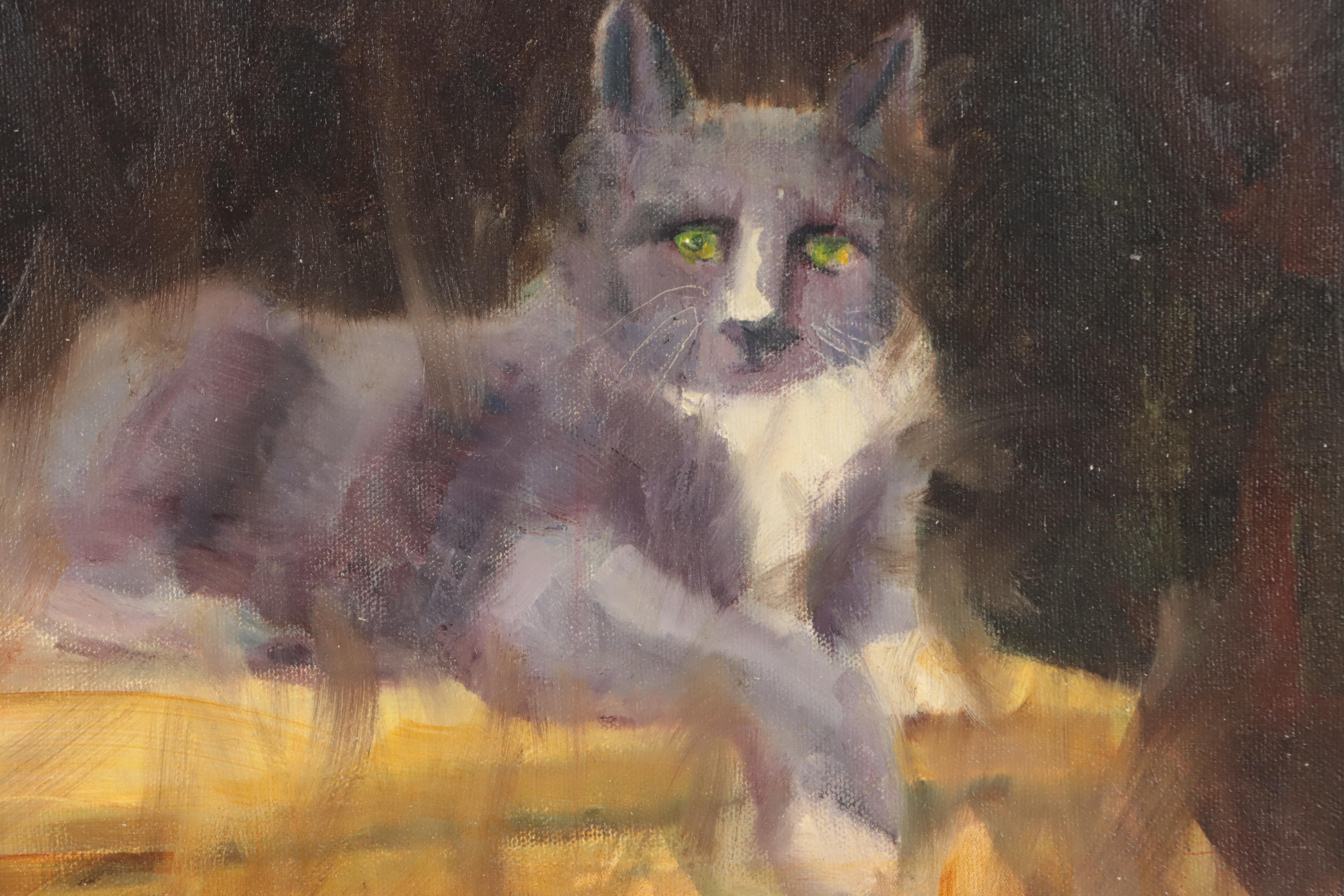 G. Jones Oil Painting of Cat and Fruit, 2000