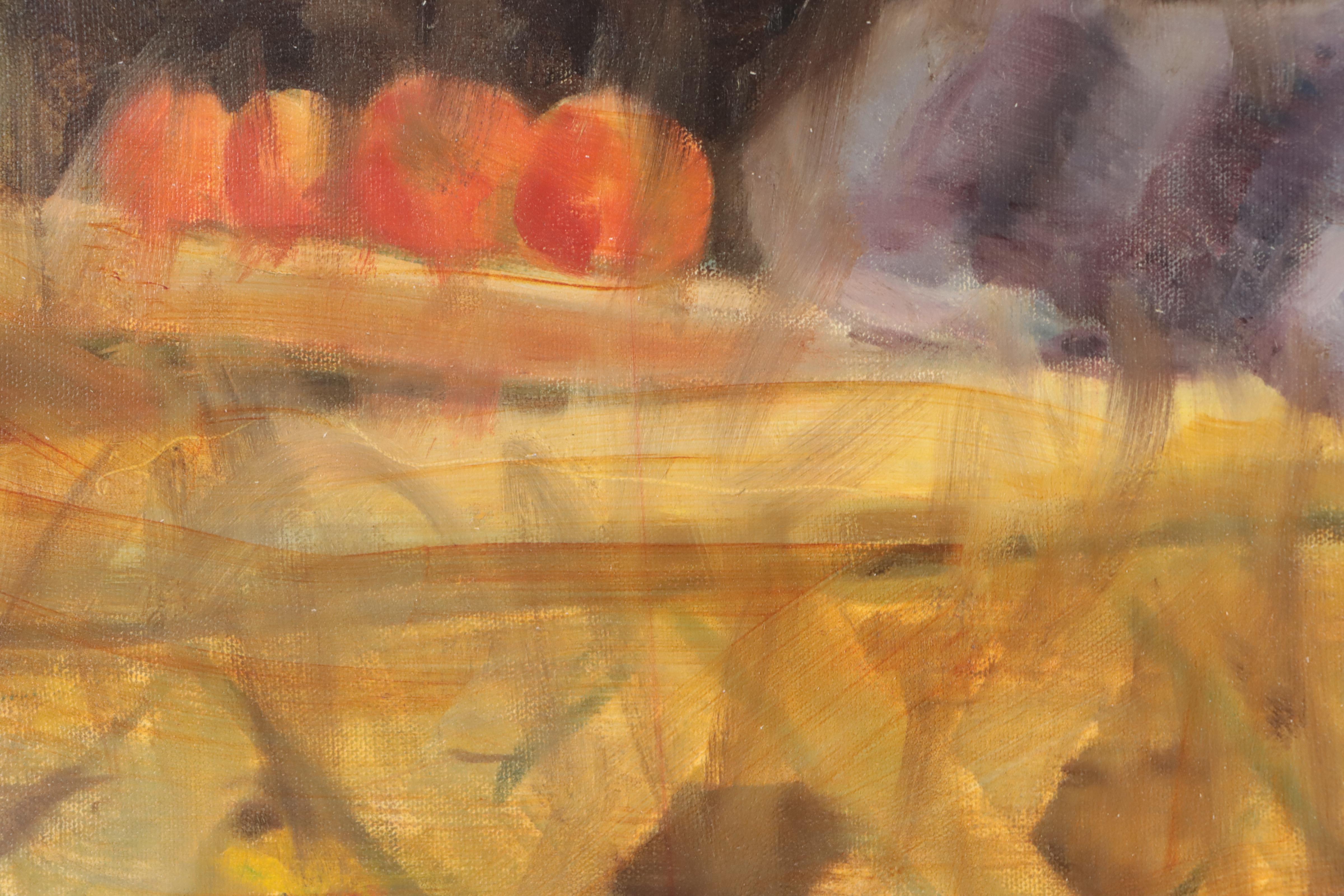 G. Jones Oil Painting of Cat and Fruit, 2000