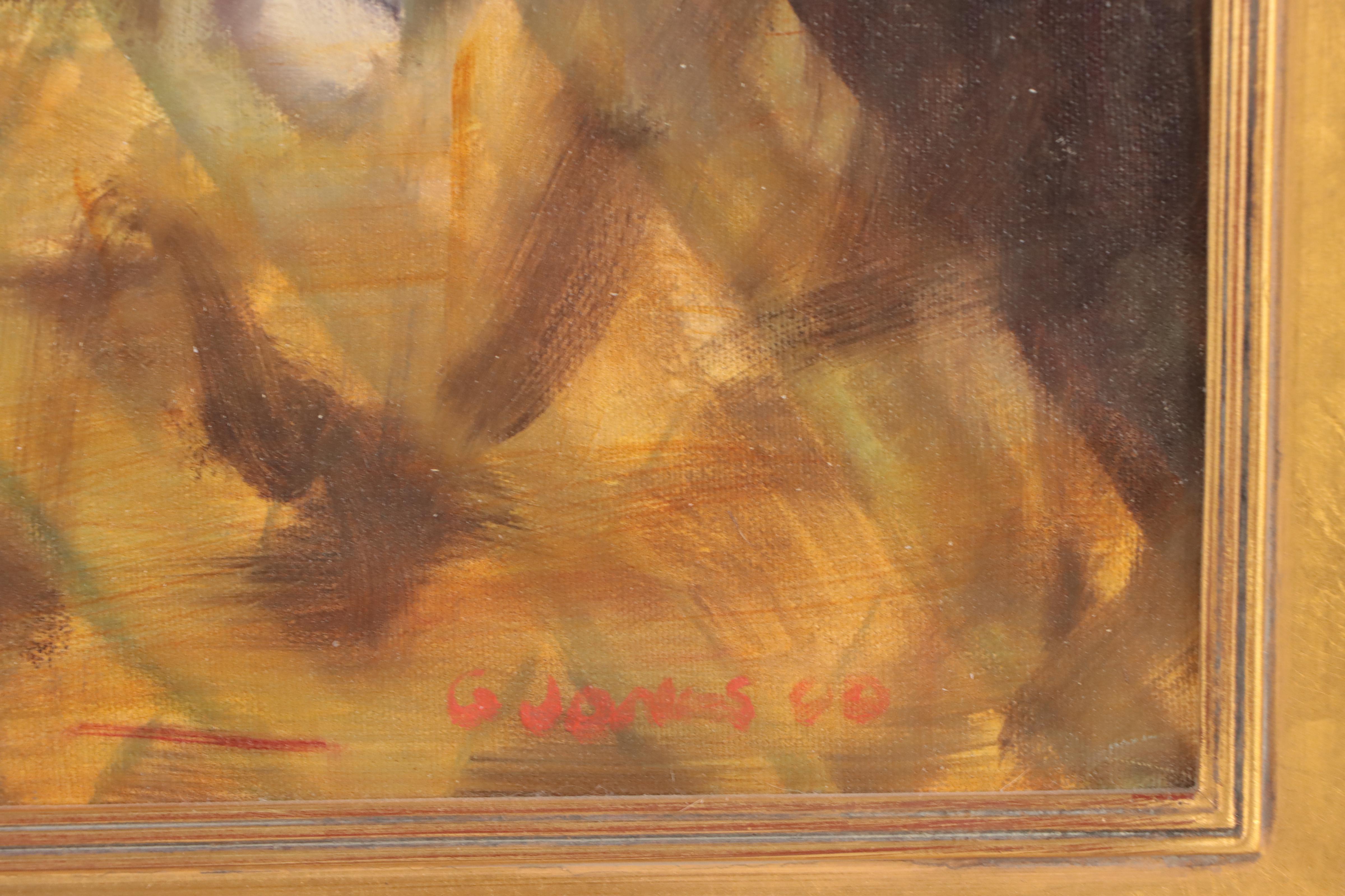 G. Jones Oil Painting of Cat and Fruit, 2000