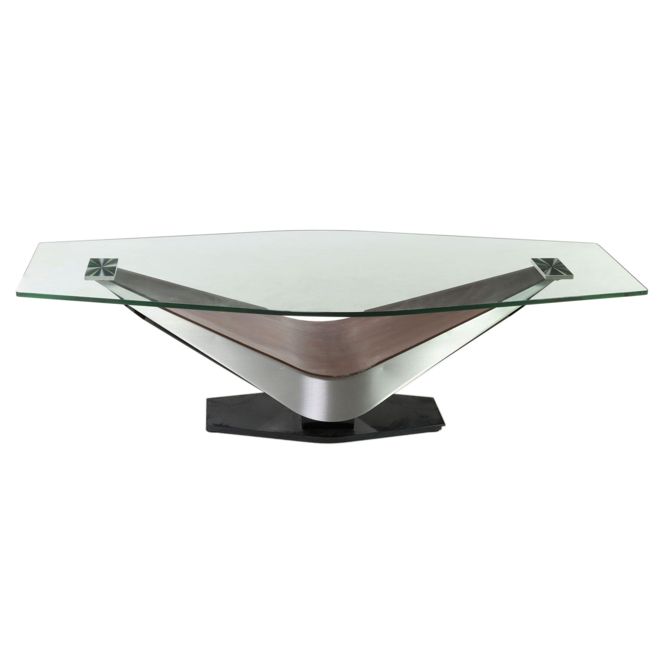 Elite Modern "Victor" Walnut Veneer, Steel and Glass Top Coffee Table