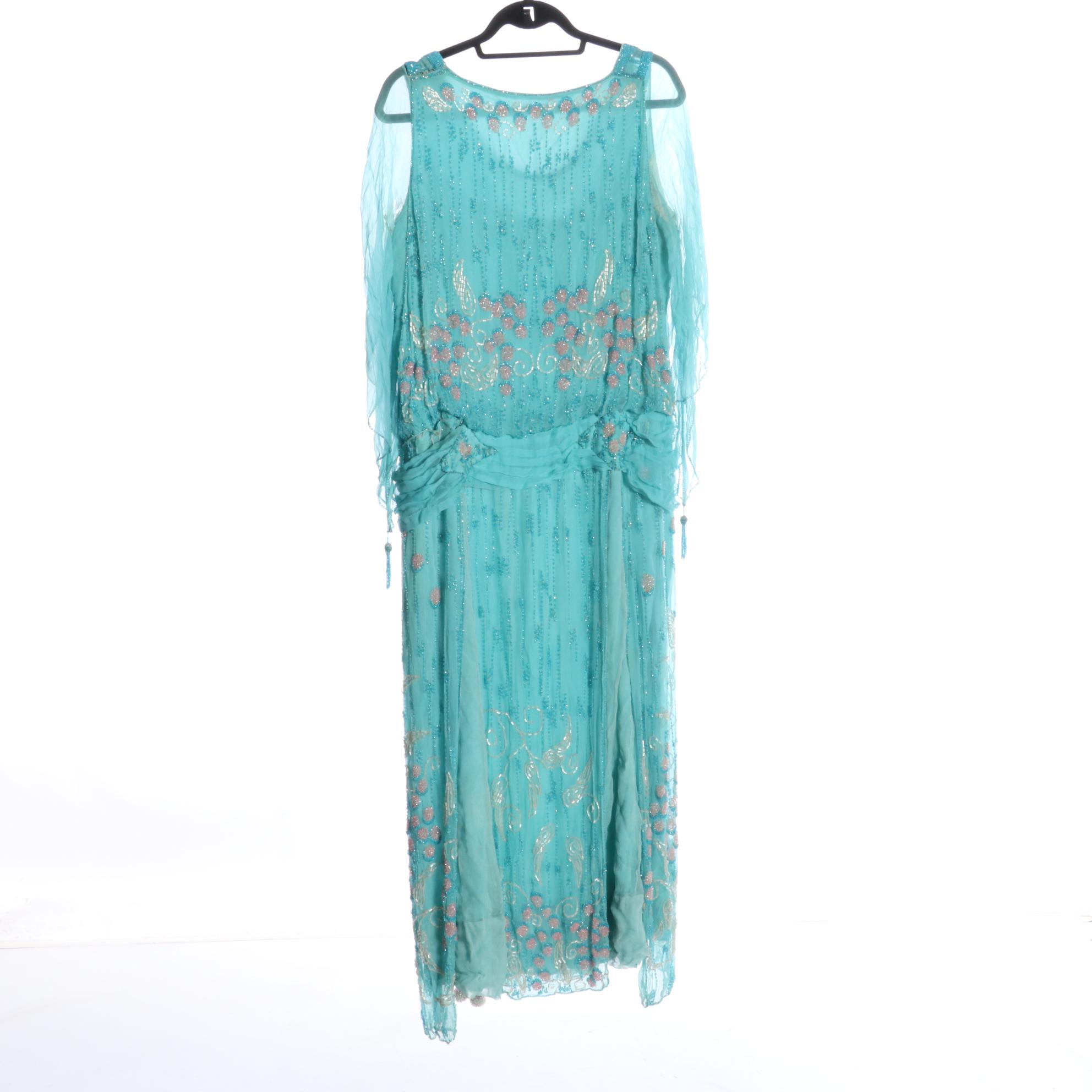 Dropped Waist Flapper Style Dress in Glass Bead Draped Silk Chiffon, circa 1920